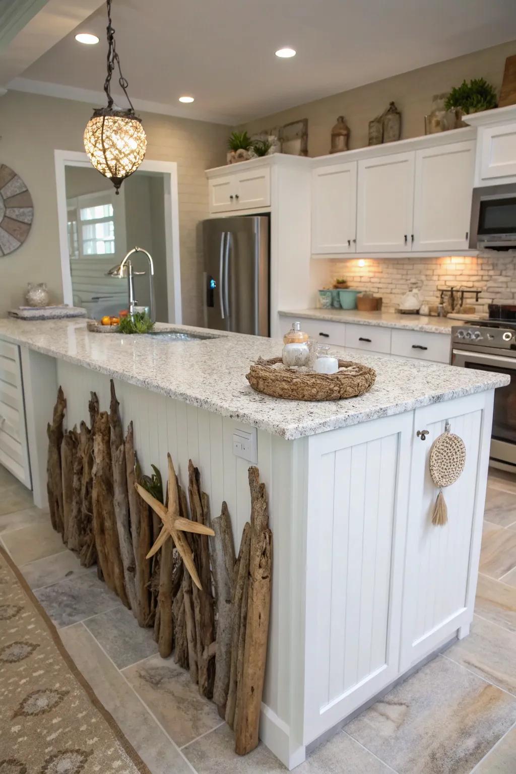 A flotsam-accented islet conveys the beach indoors.