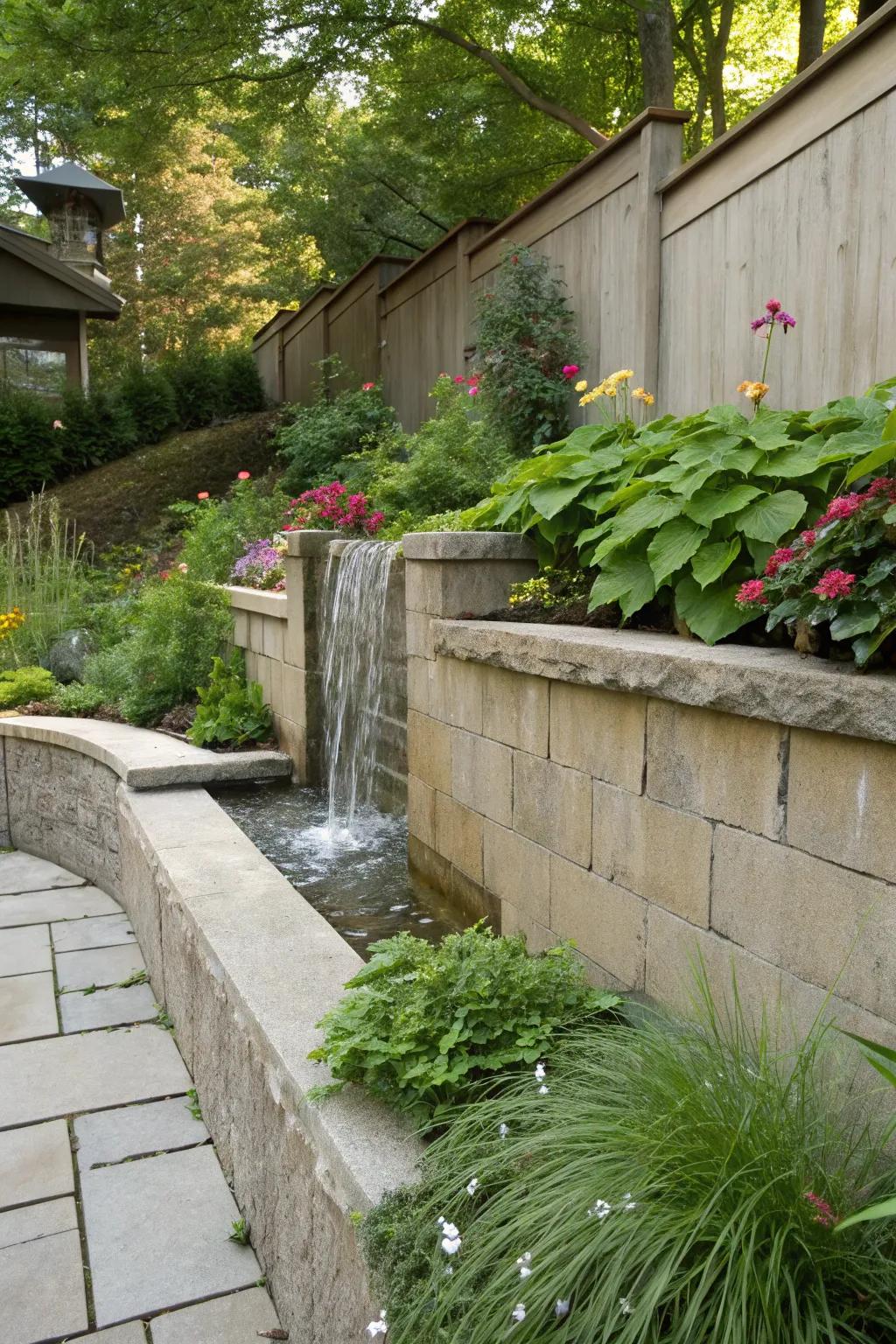 Concrete wall featuring a waterfall, infusing tranquility into the garden.