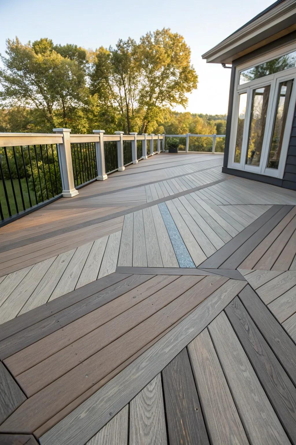 A deck that uses deck boards of different widths to create a great visual.
