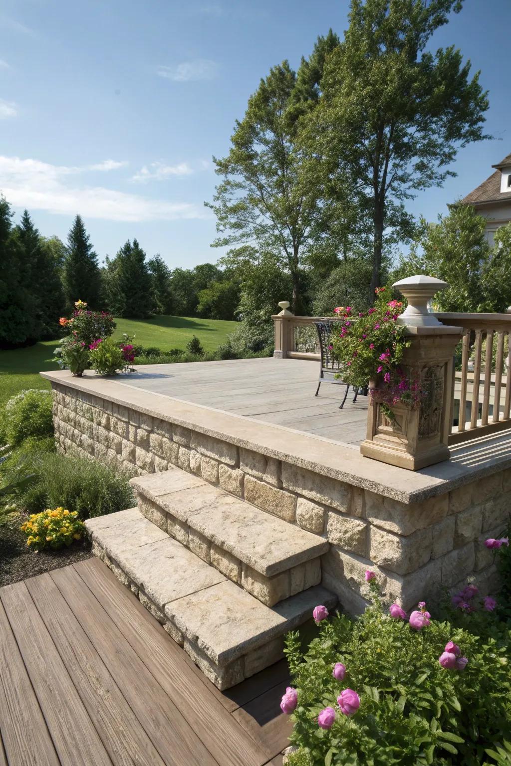 Stone surface injects refinement and strength into deck skirting.