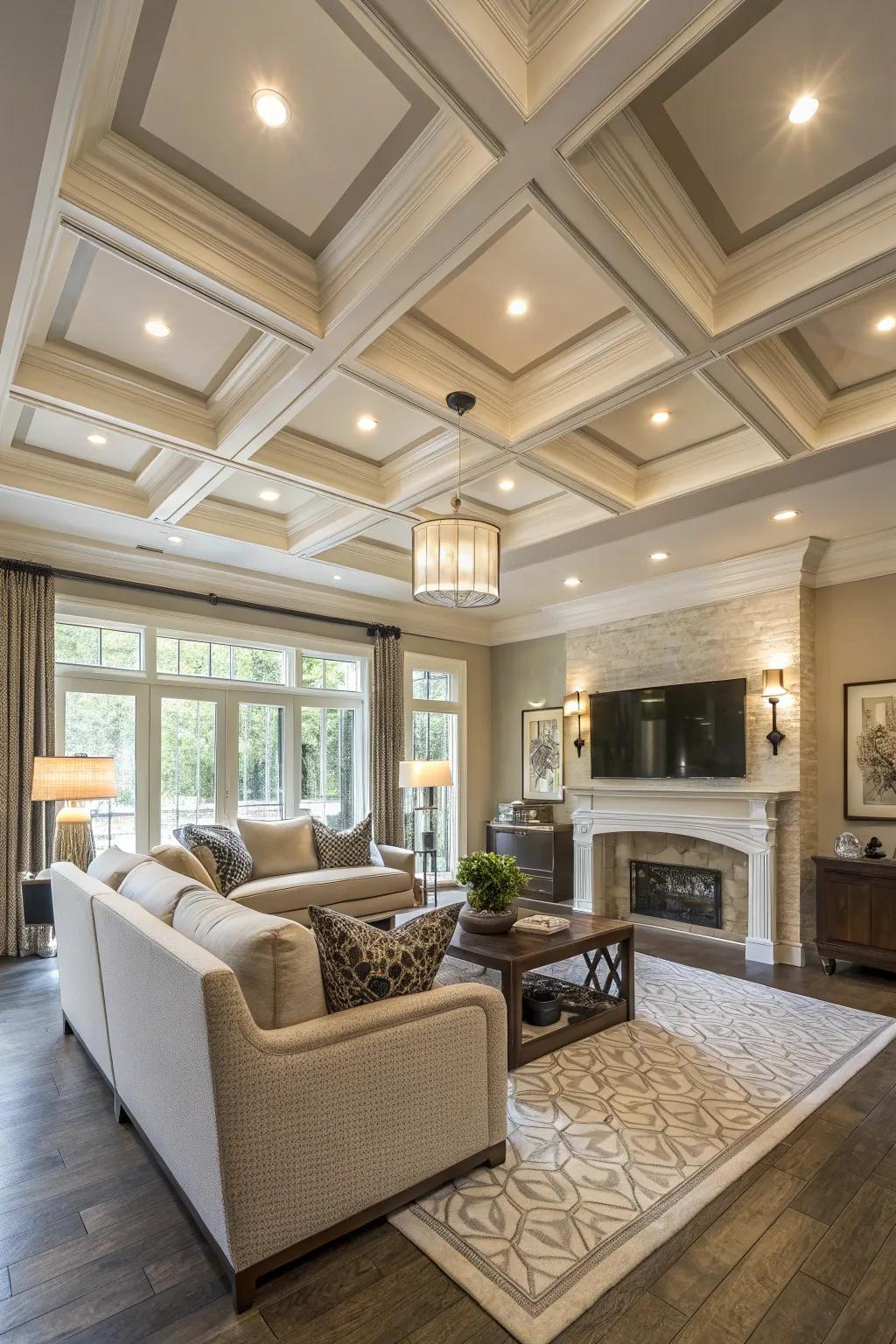 An intricately designed ceiling that incorporates architectural appeal to a contemporary family room.