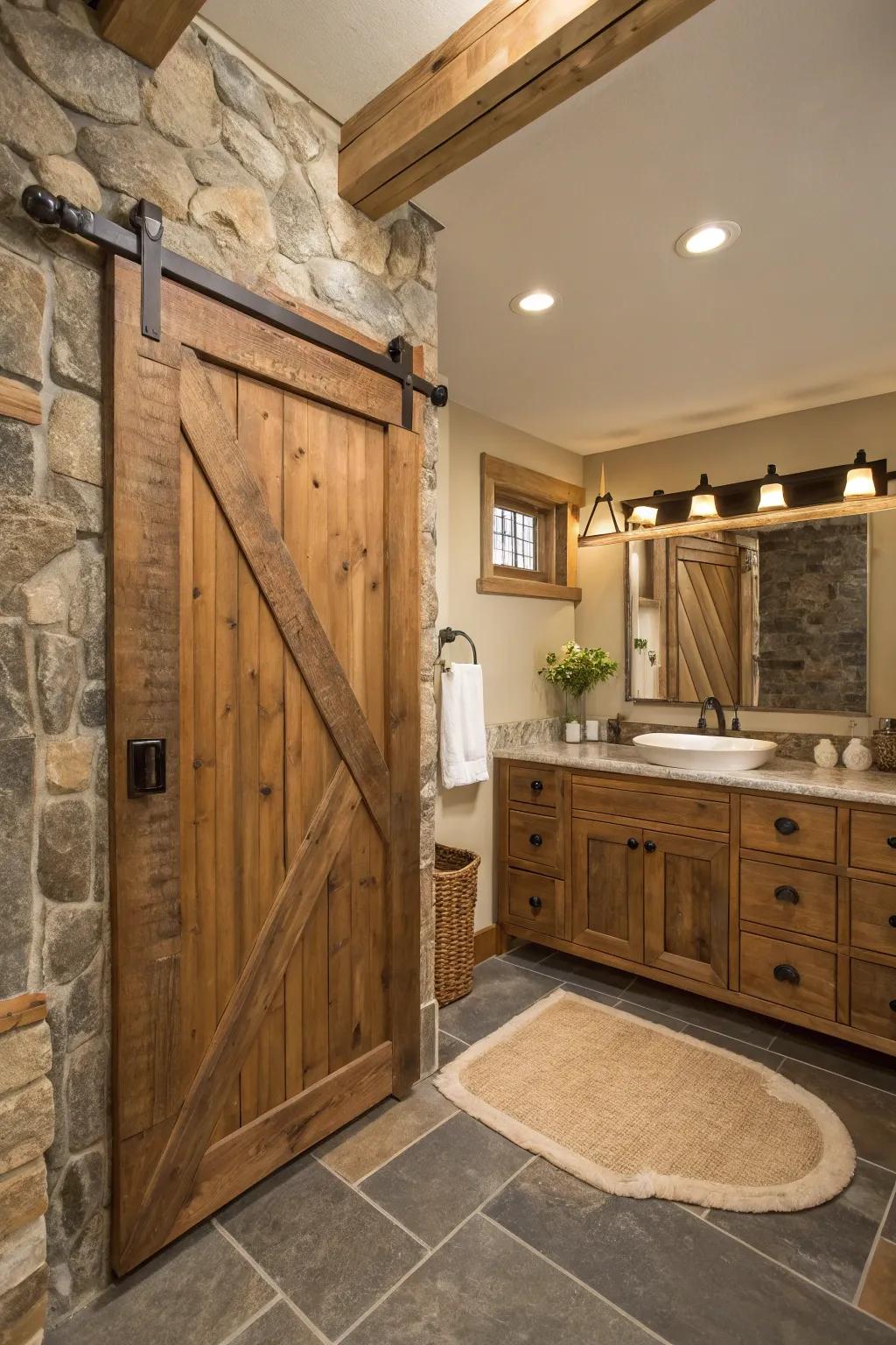Sliding barn-style doors offer rustic charm and space-saving functionality.