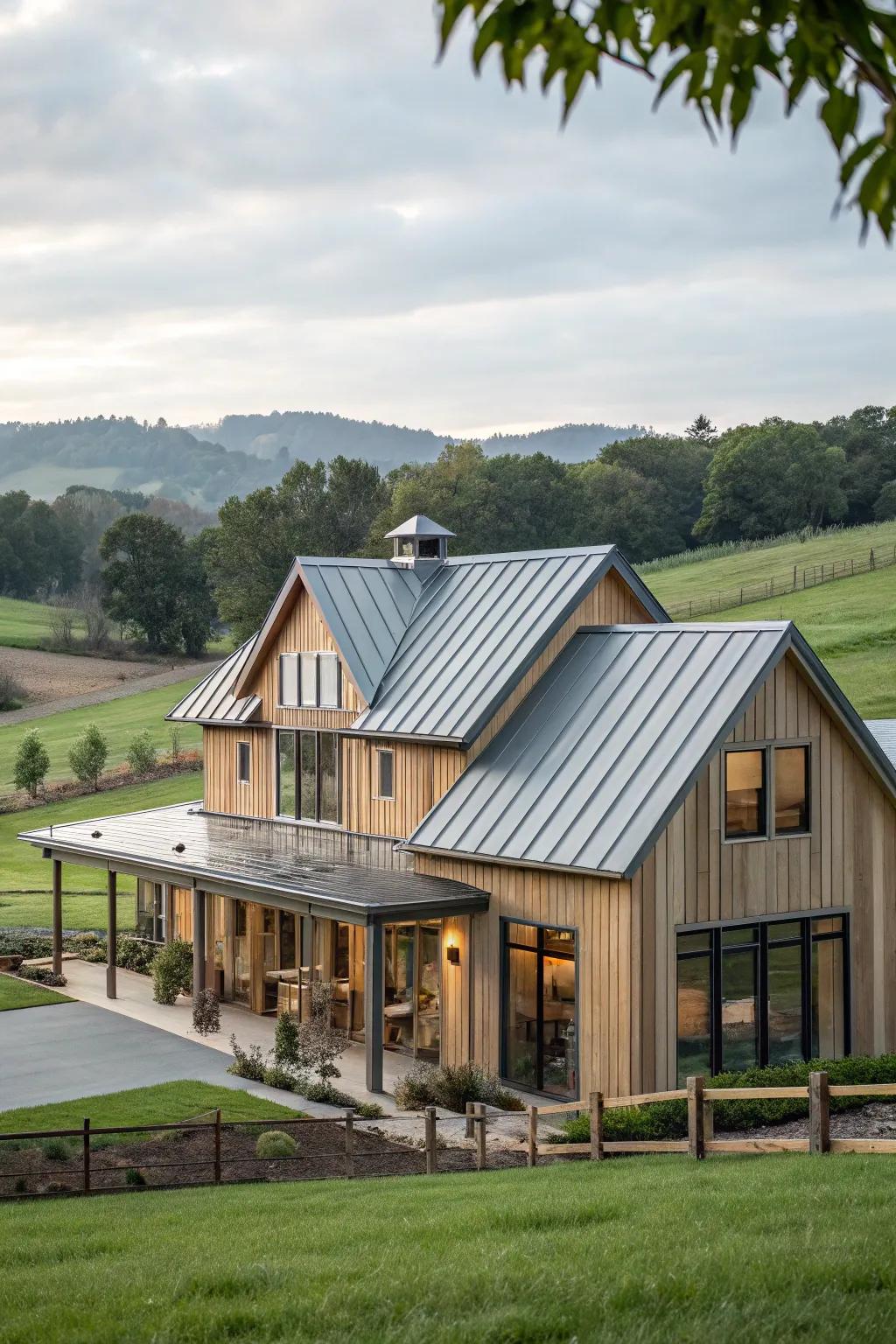 Shining features: Metal details that enhance the farmhouse's modern appeal.