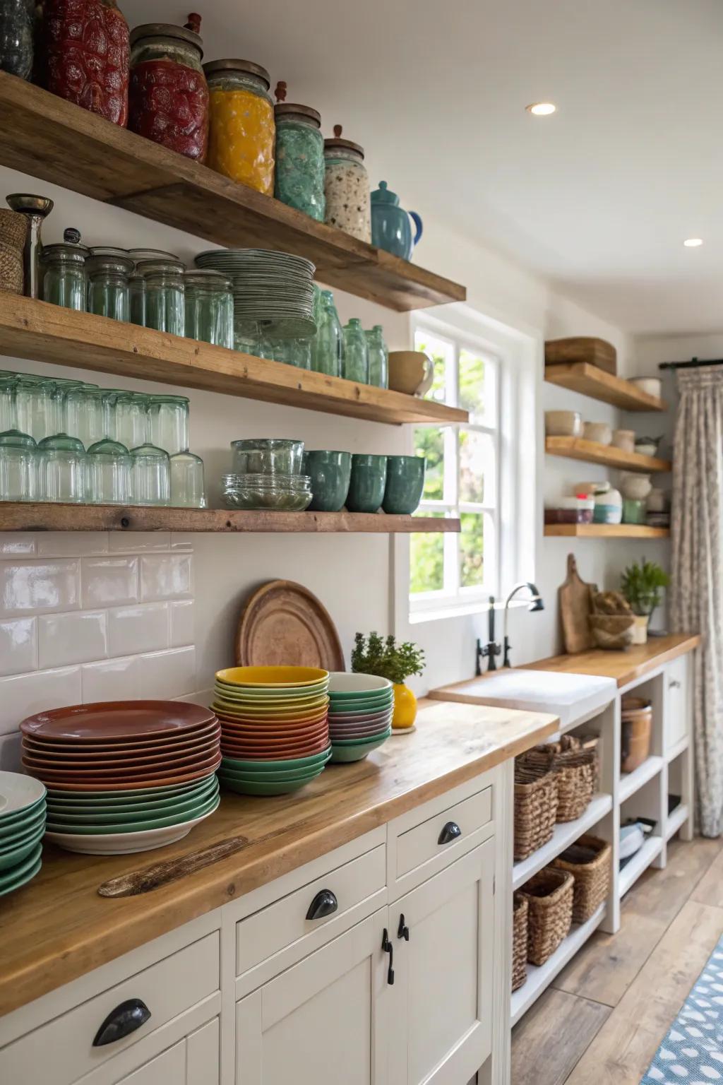 Exposed racking infuses personality and functionality into this farmhouse kitchen.