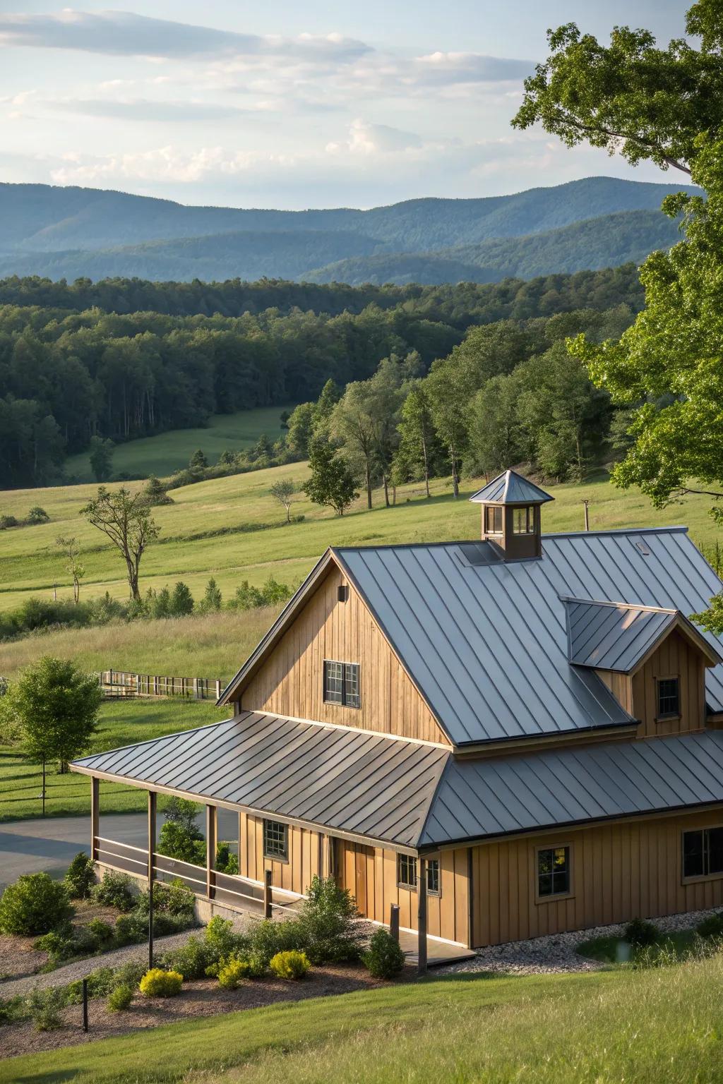 Subtle sophistication: A farmhouse displaying a grounded-hued metal top.