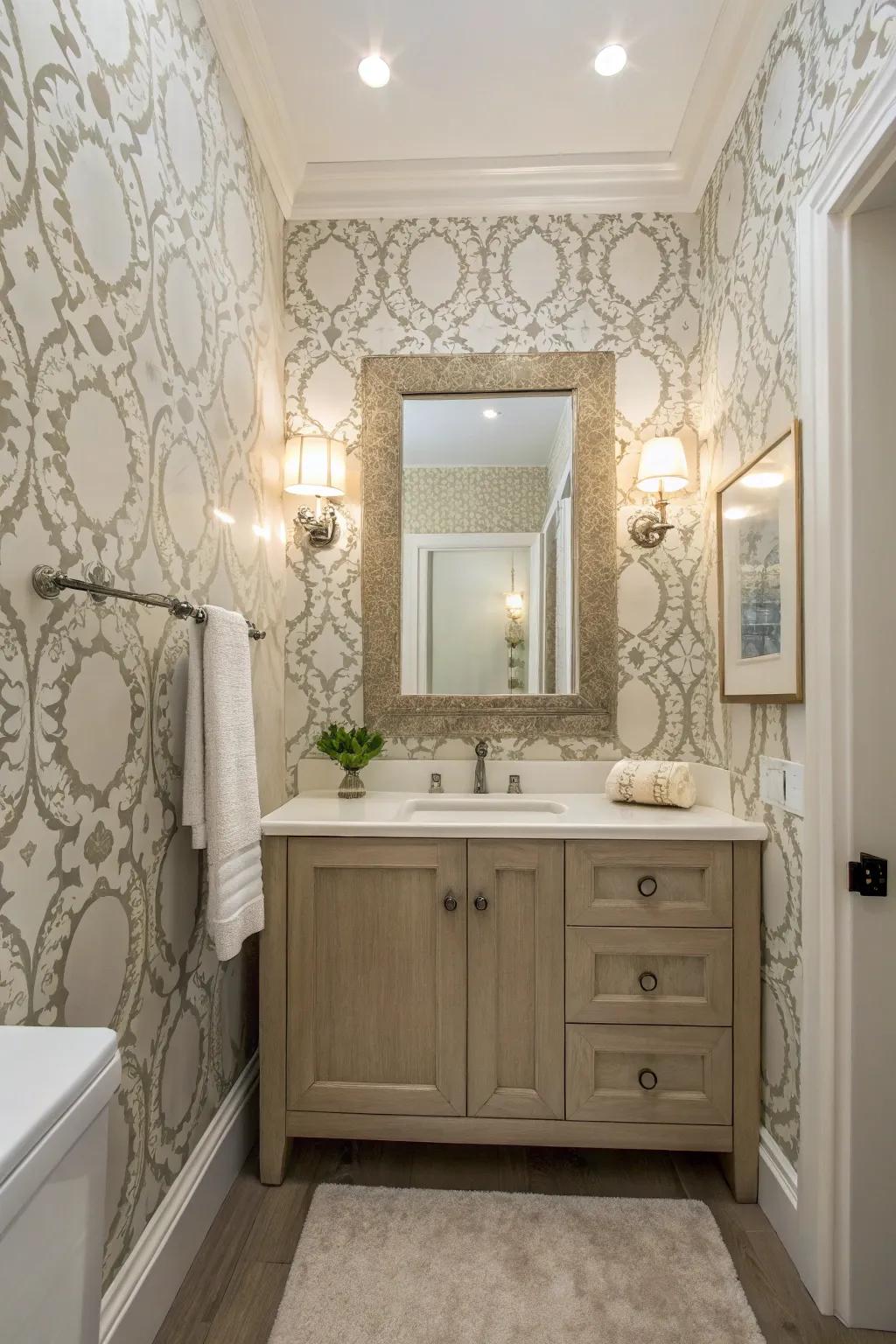 Subtle patterned wallpaper accent in a washroom.