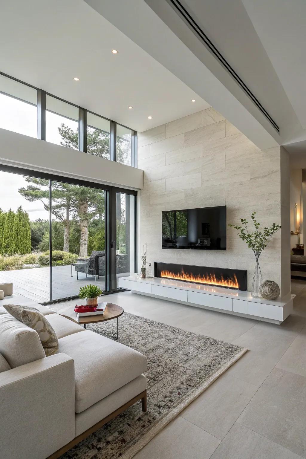 A drifting linear hearth introduces a contemporary element beneath the display screen.