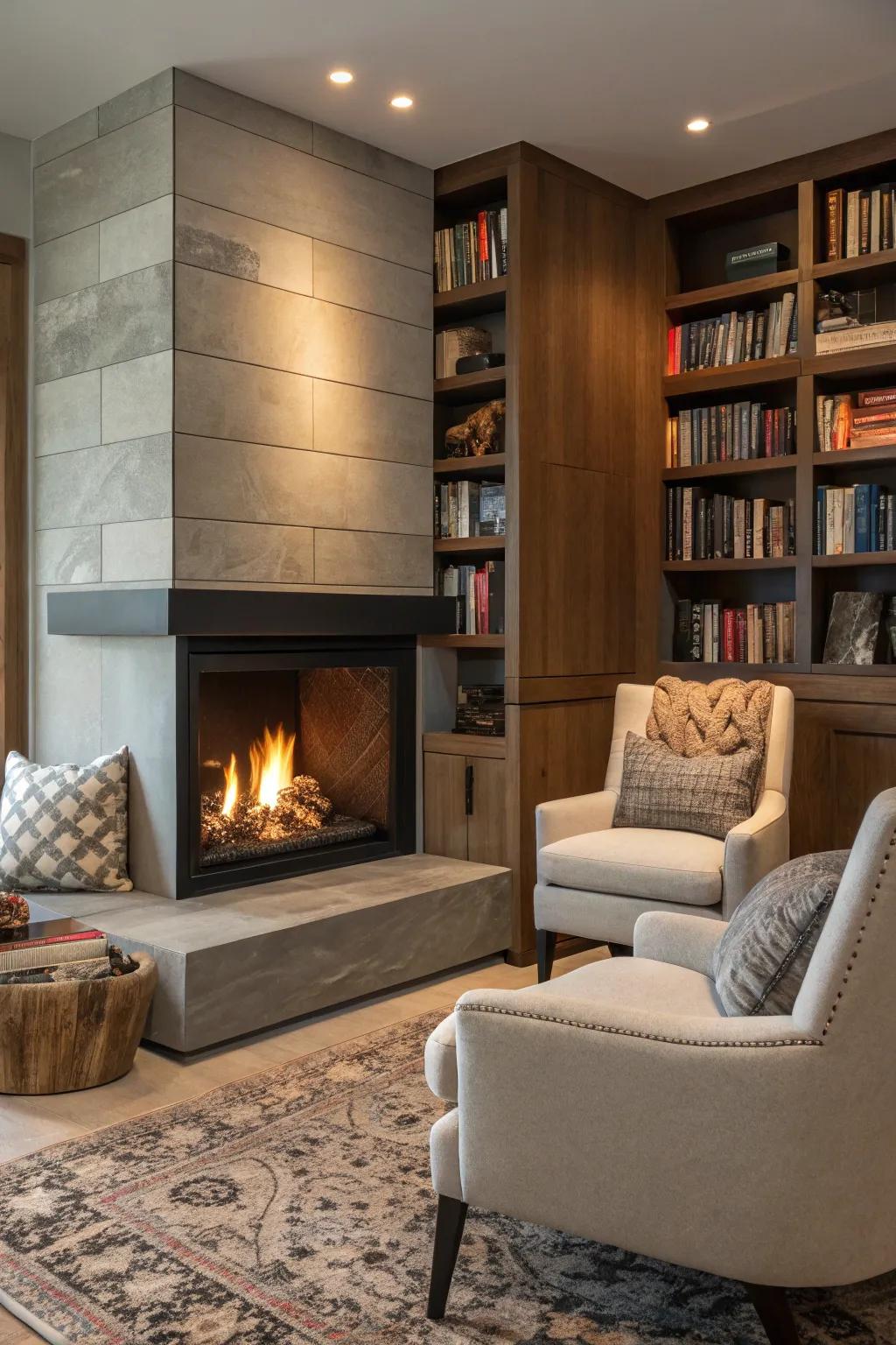 A corner firebox transforms an unused space into a cozy retreat.