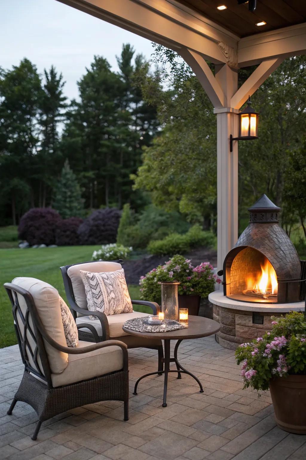 An outdoor gas fireplace creates a cozy patio ambiance.