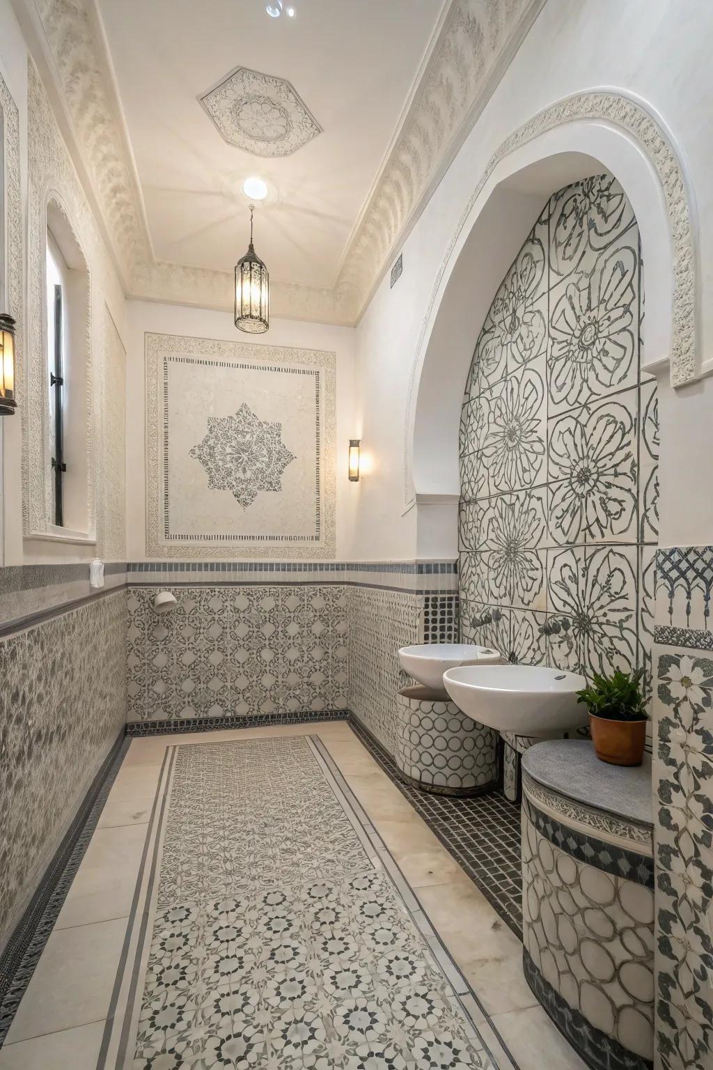 Distinctive tile designs infuse creativity and interest into the bathroom's design.