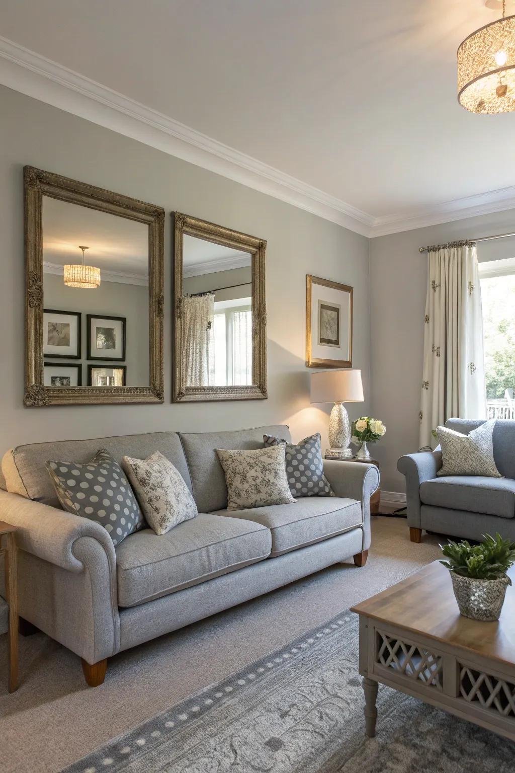 Mirrors enhance light and space in the living room.