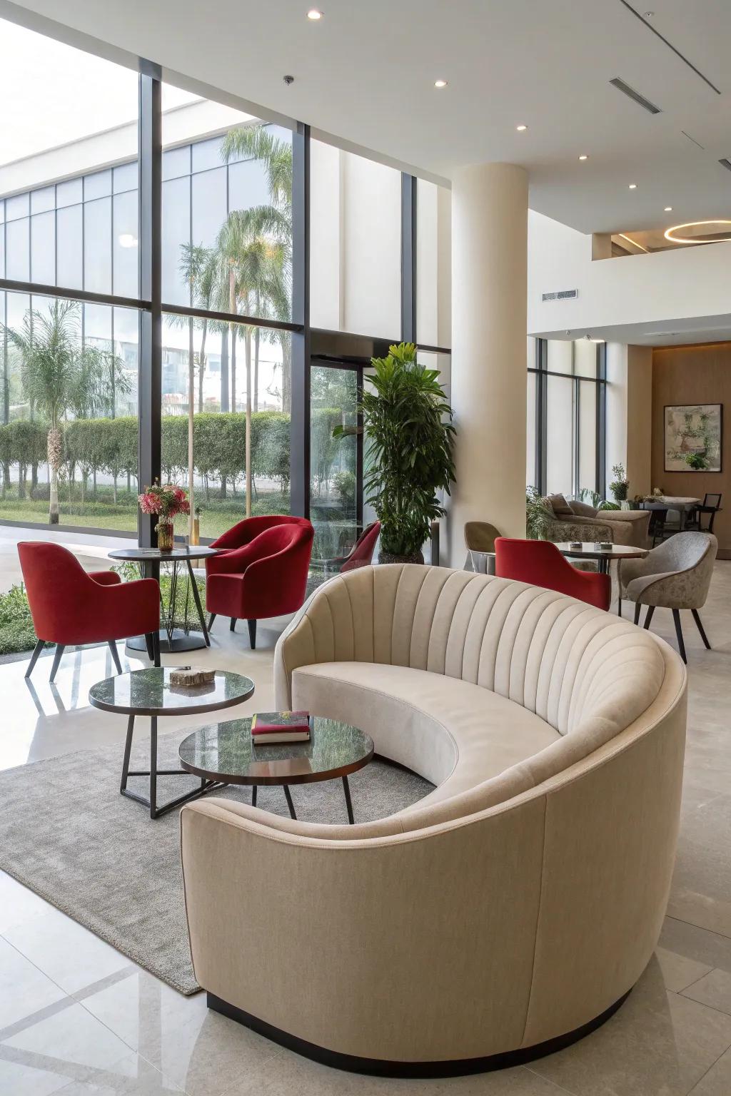 A contemporary interior featuring curvilinear furnishings for sophistication.