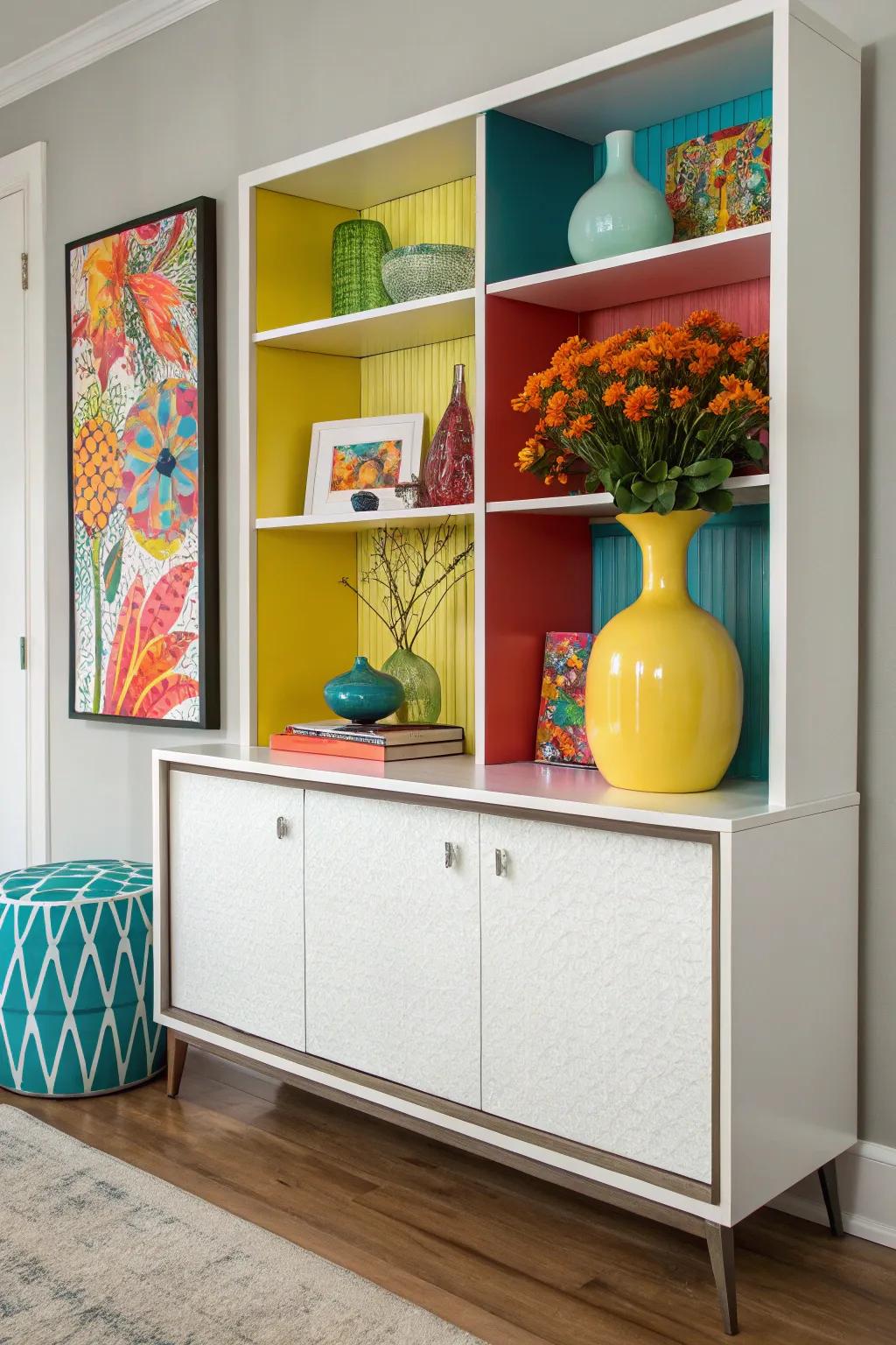 Bursts of hue inject vigor and highlight the display cabinet.