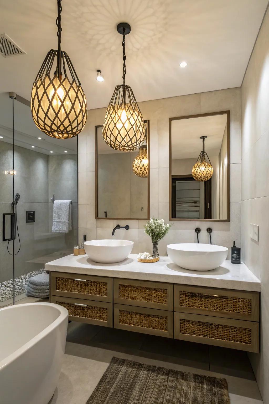 Striking illumination brings nature, depth inside bath spaces.