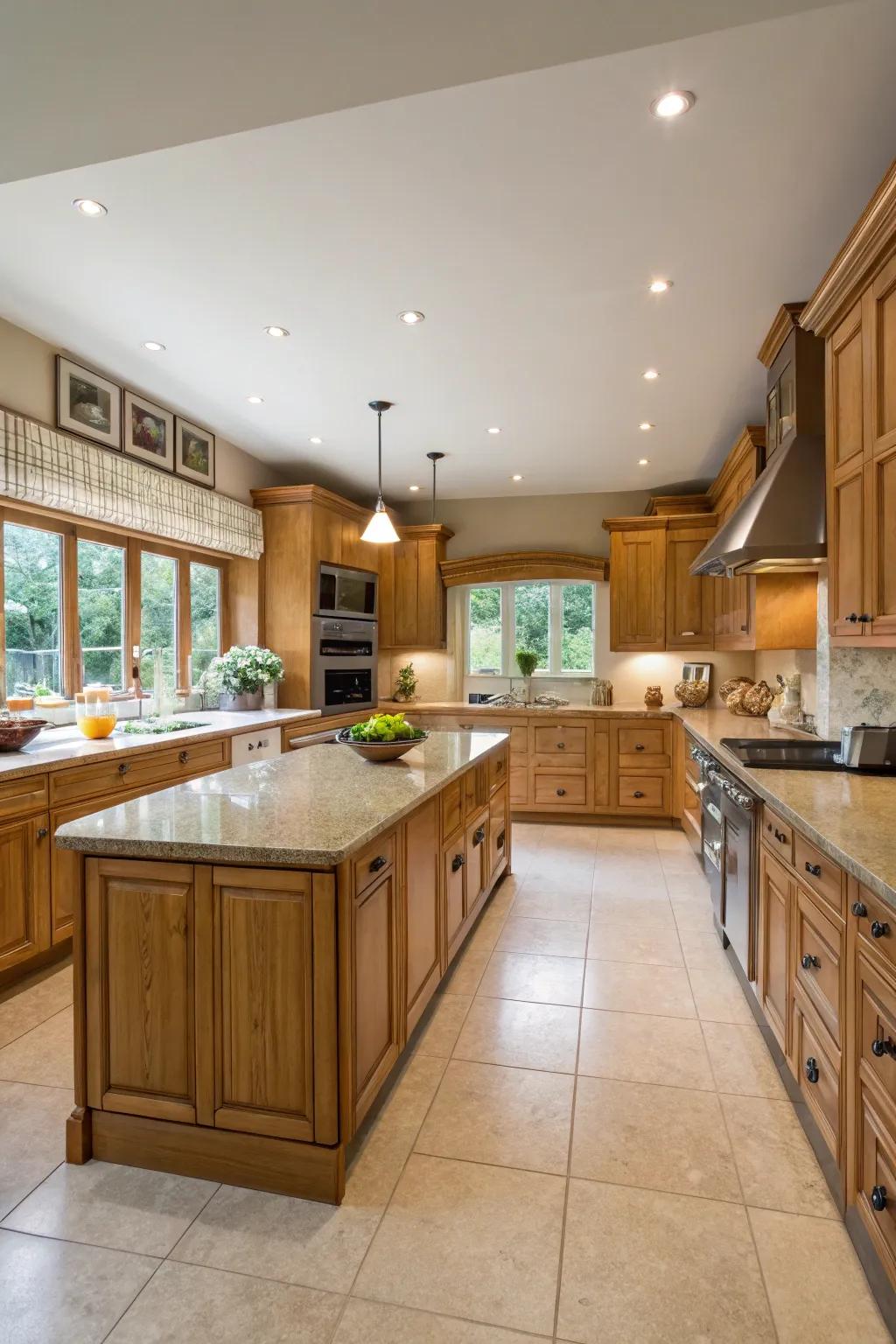 A horseshoe-style design maximizes space and storage in cooking spaces with timber vanities.