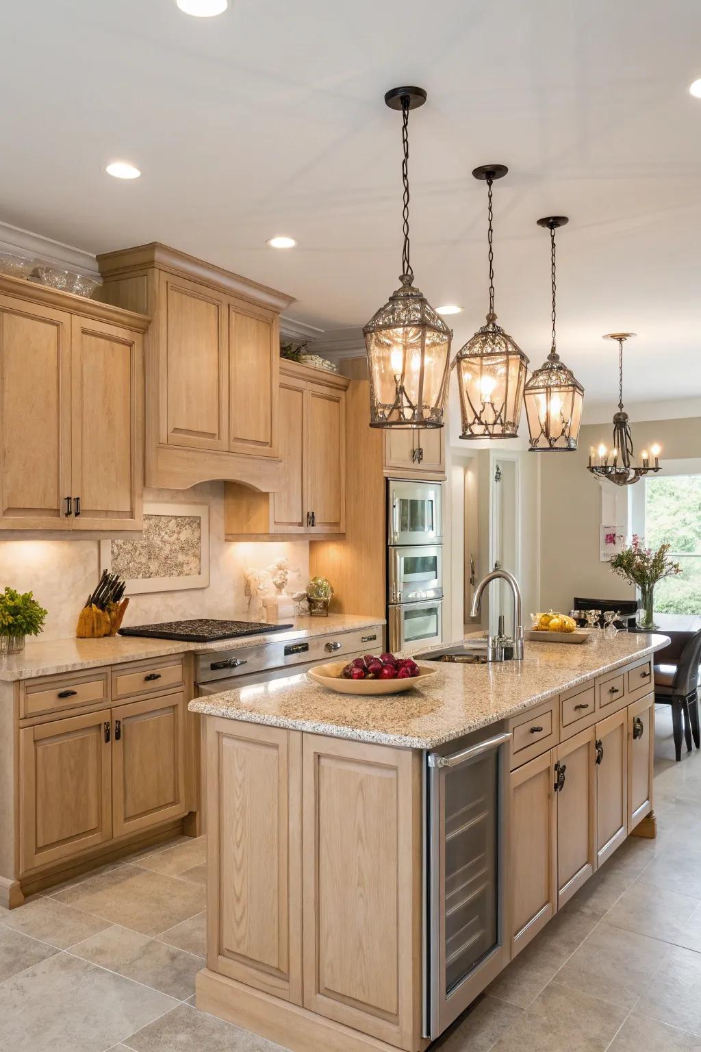 Pendant lighting introduces an element of sophistication to a kitchen equipped with light oak cabinets.