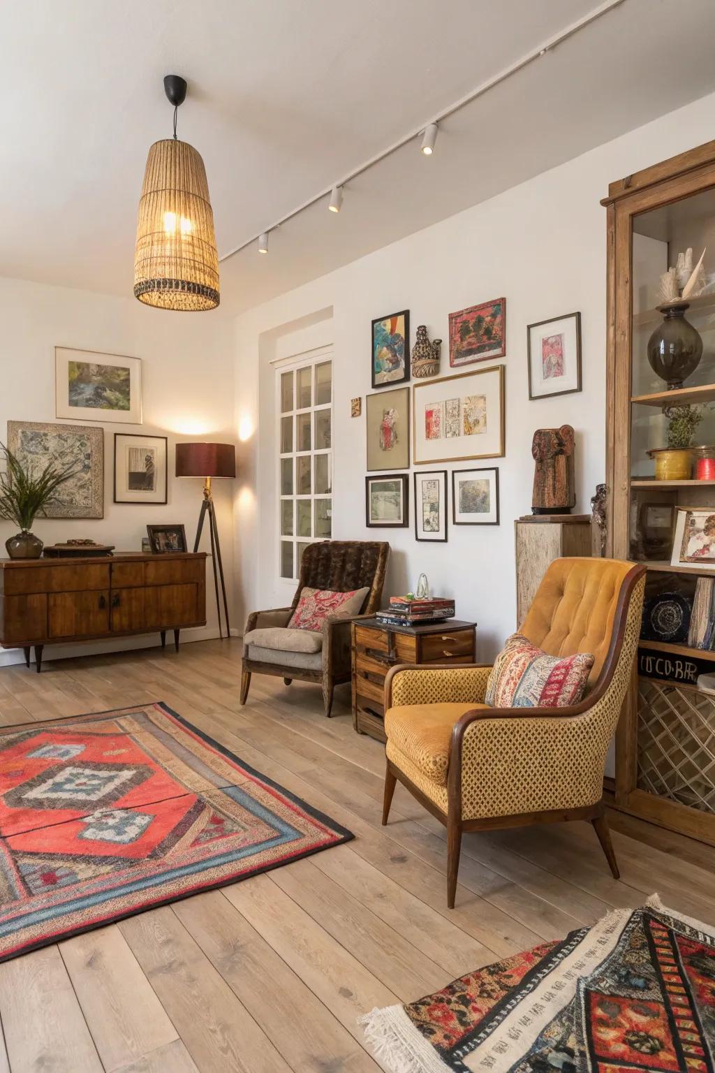 Unusual decor finds harmony with bright wooden floors.