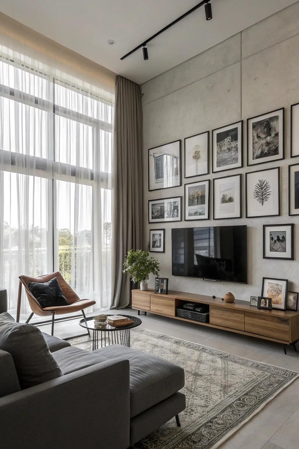 A feature wall incorporates the TV as part of an artistic display.