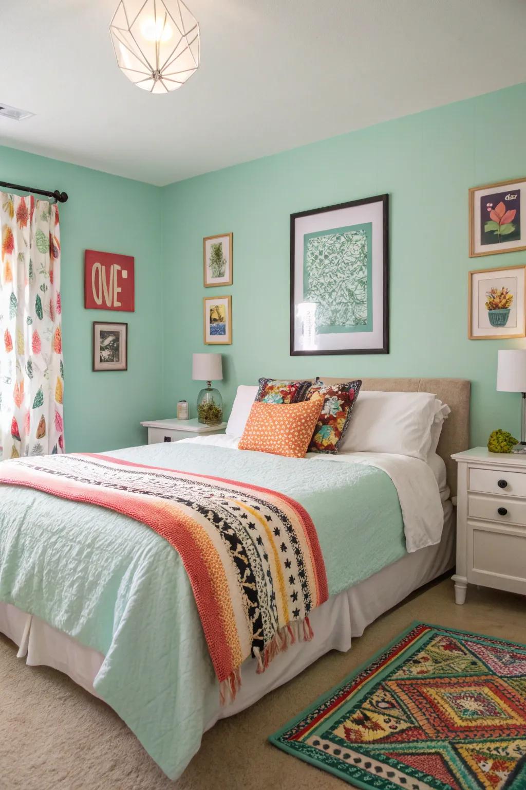 A playful pop of color in a seafoam serenity bedroom.