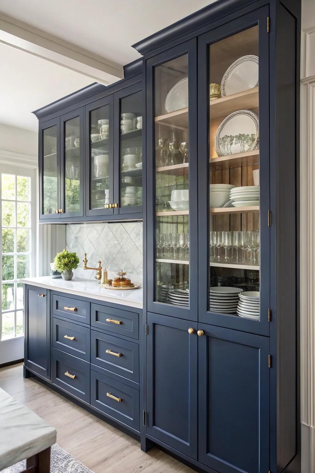 Glass doors make dark blue cabinets look lighter and more open.