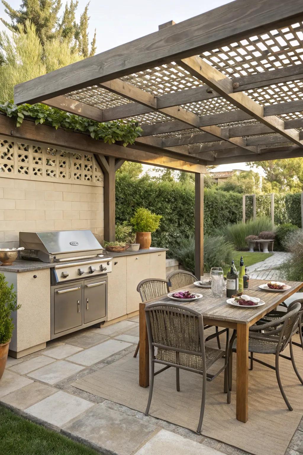 Pergola defining separate cooking and dining zones.