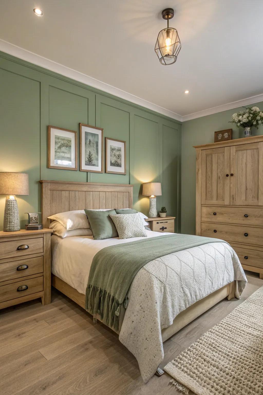 Soft green and muted shades produce a calm and inviting bedroom.