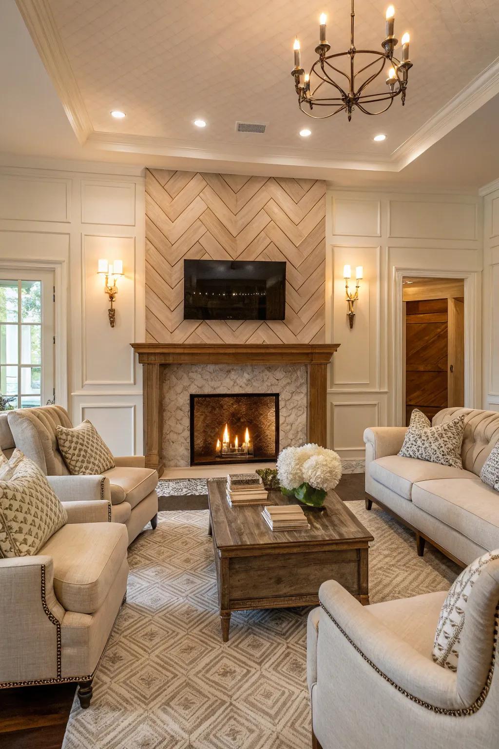 A herringbone shiplap fireplace adding complexity and elegance.