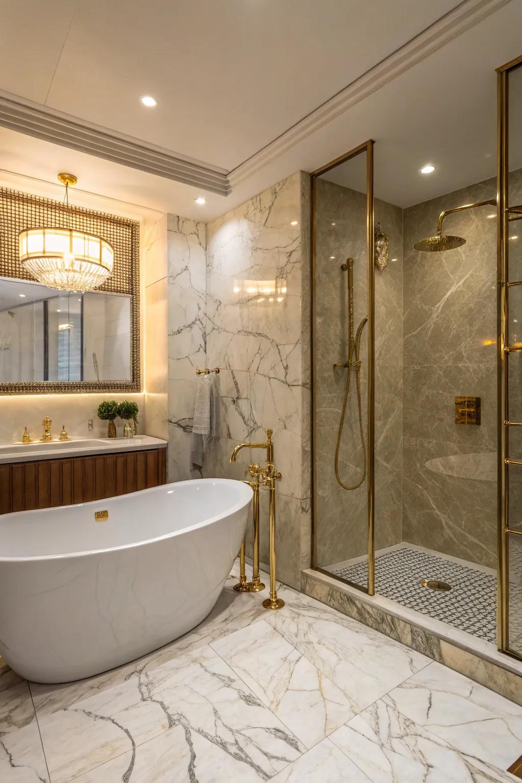A luxurious bathroom featuring a combination of a detached tub and a shower.