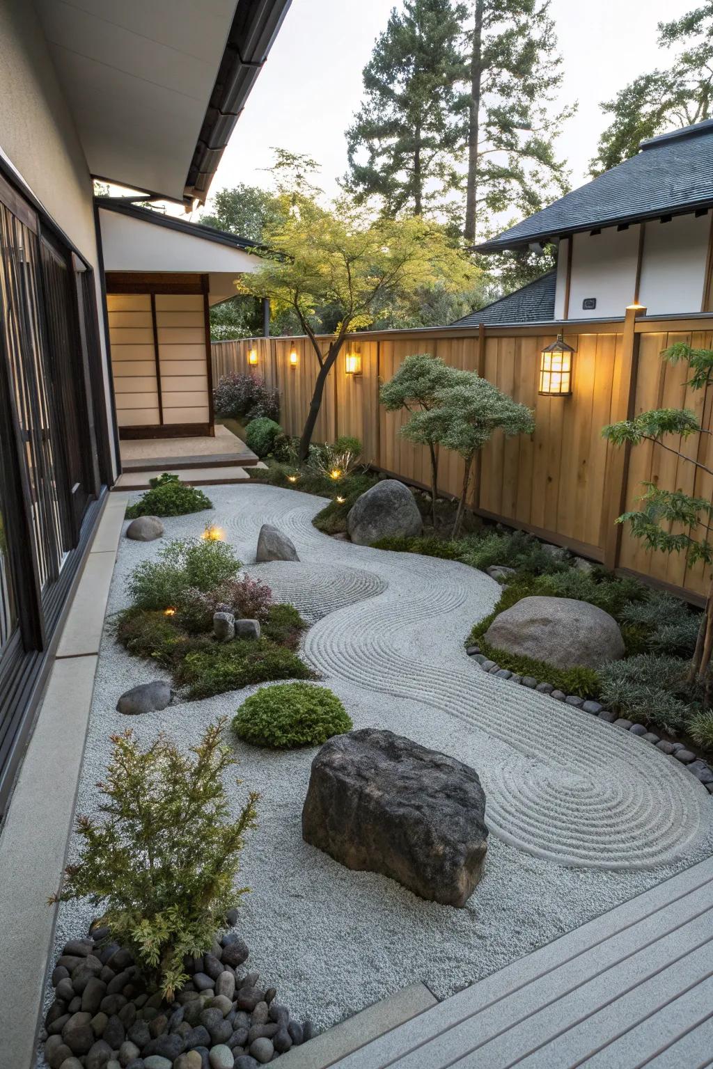 A Zen garden offers a peaceful retreat.