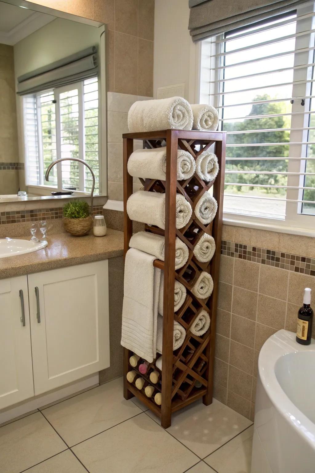 Creative reuse with a repurposed wine rack.