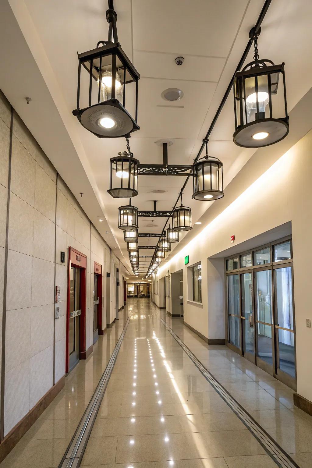 A hallway is uniquely lit with a monorail track lighting system.