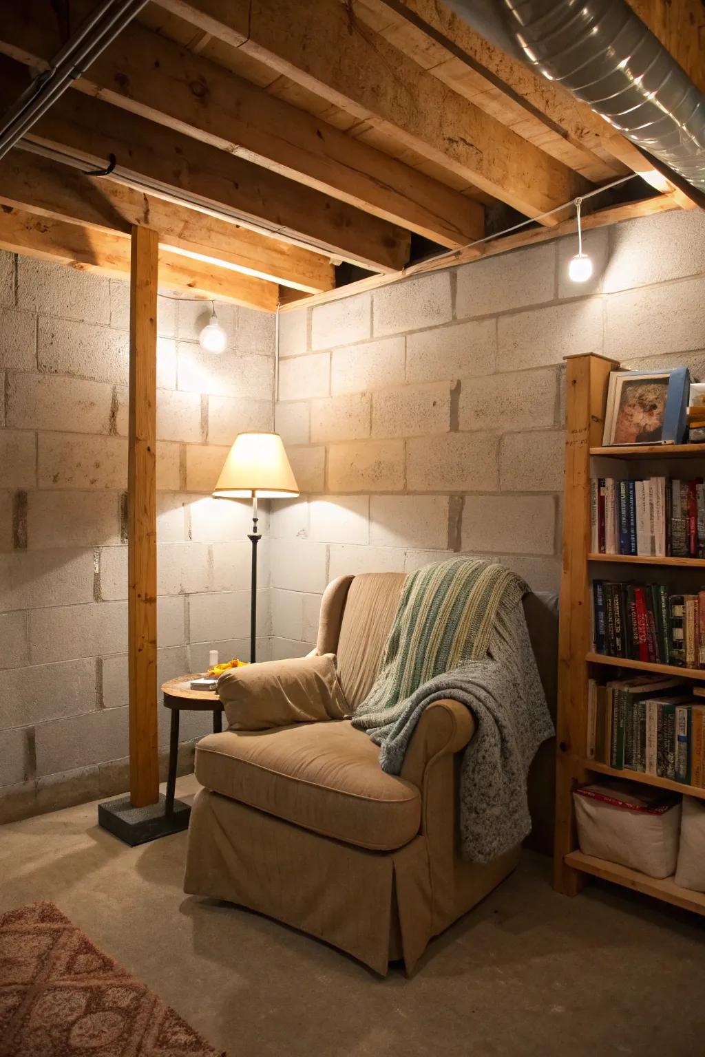 A cozy reading nook offers a peaceful retreat.