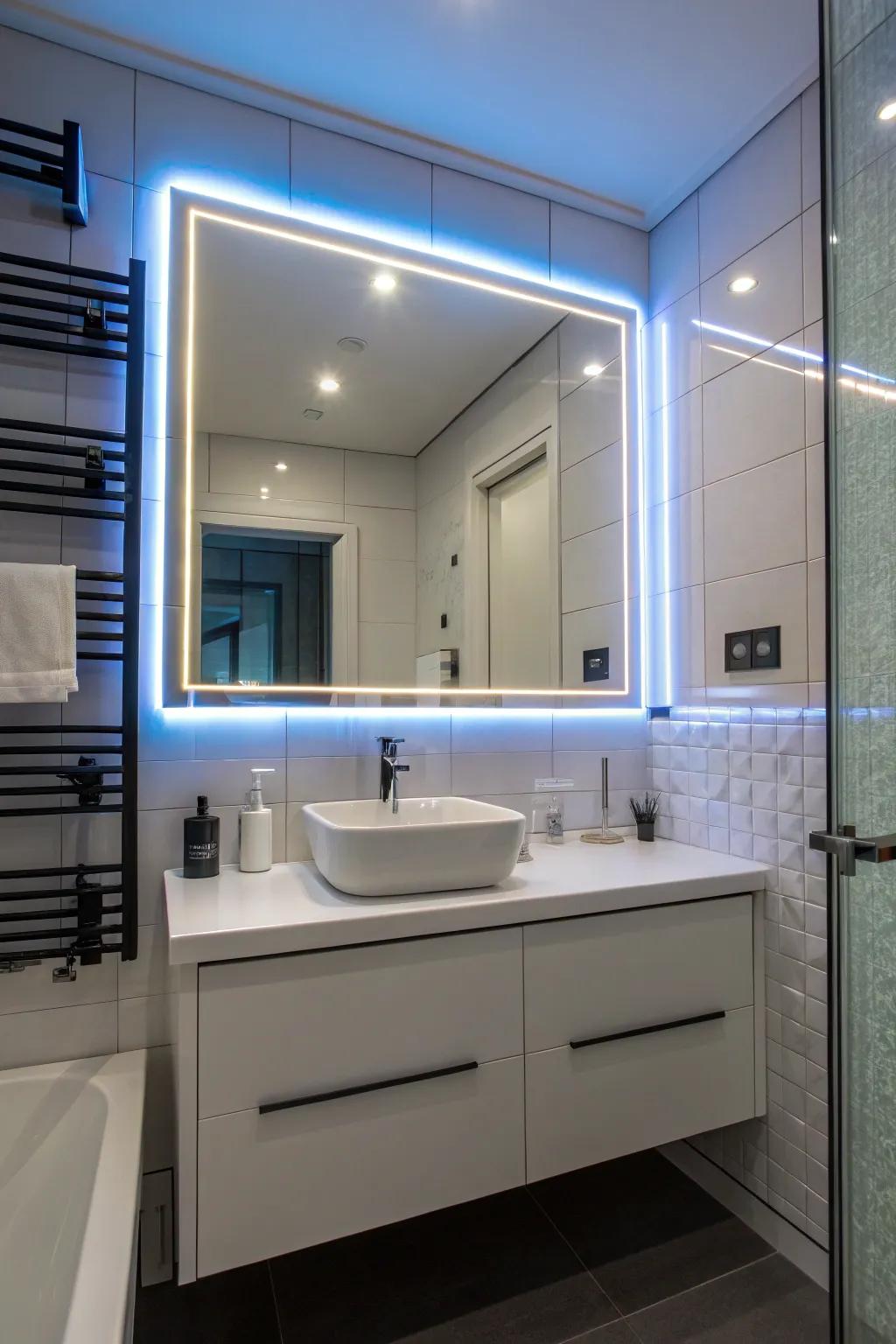 Futuristic LED strips bring a modern edge to bathrooms.