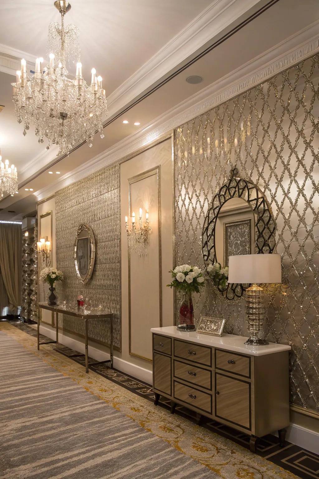 Shimmering accent wall decor adds glamour to an elegant room.