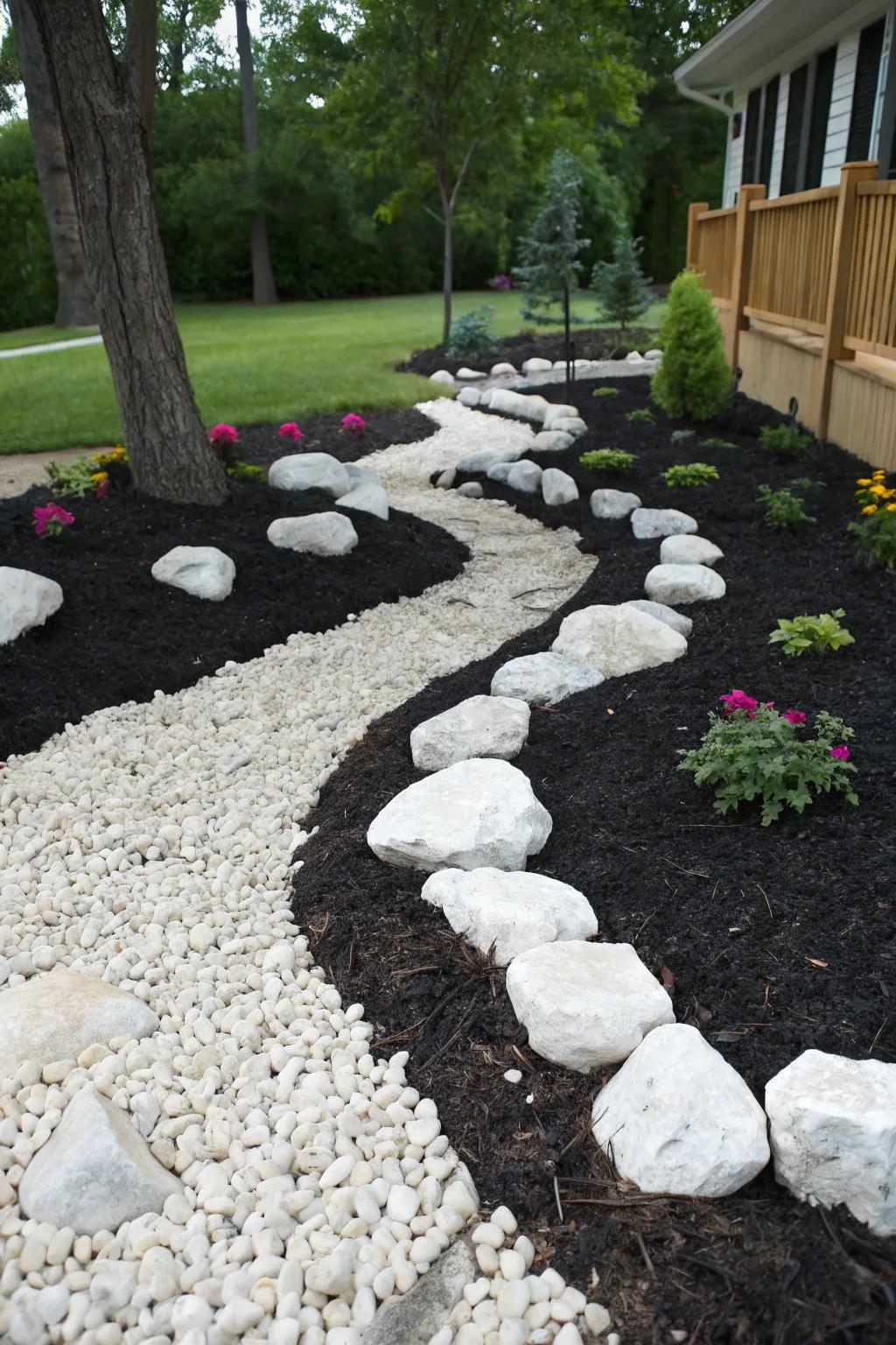 A garden with a striking contrast of pale stones against dark mulch, enhancing visual appeal.