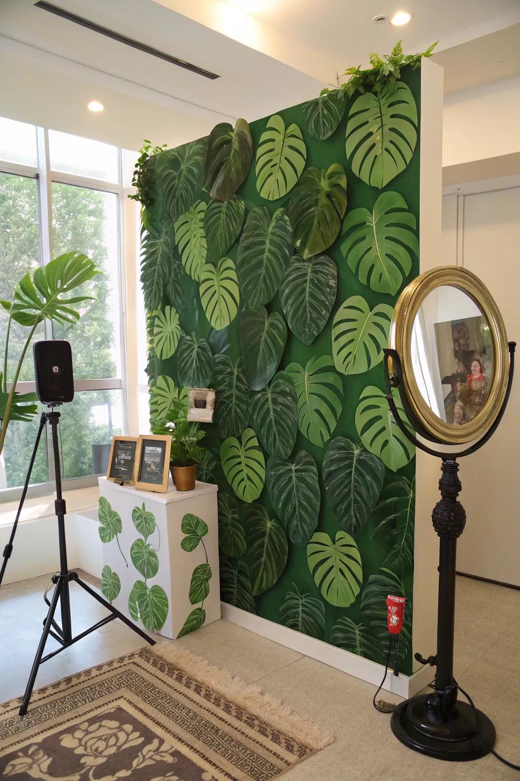 Monstera leaves provide a gorgeous selfie area backdrop.