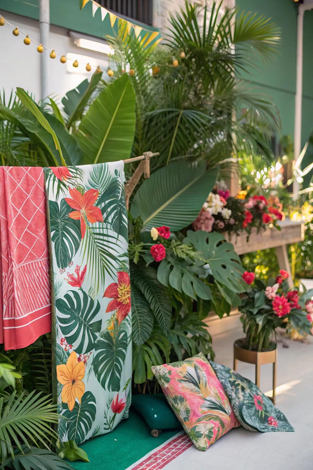 A tropical-themed mood board exhibiting vibrant flora and exotic constituents.
