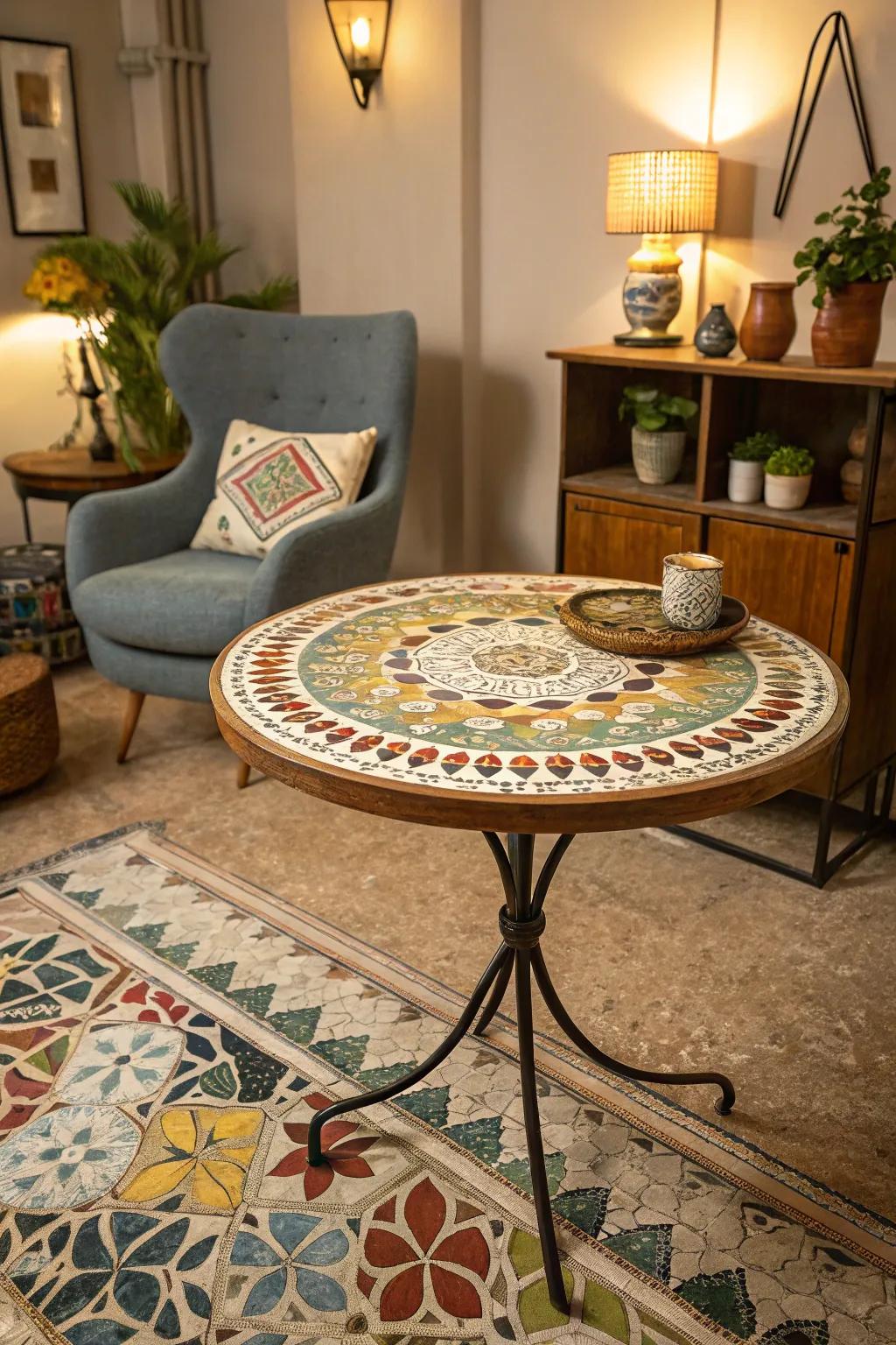 Vintage tiles imbue classic allure to mosaic table designs.