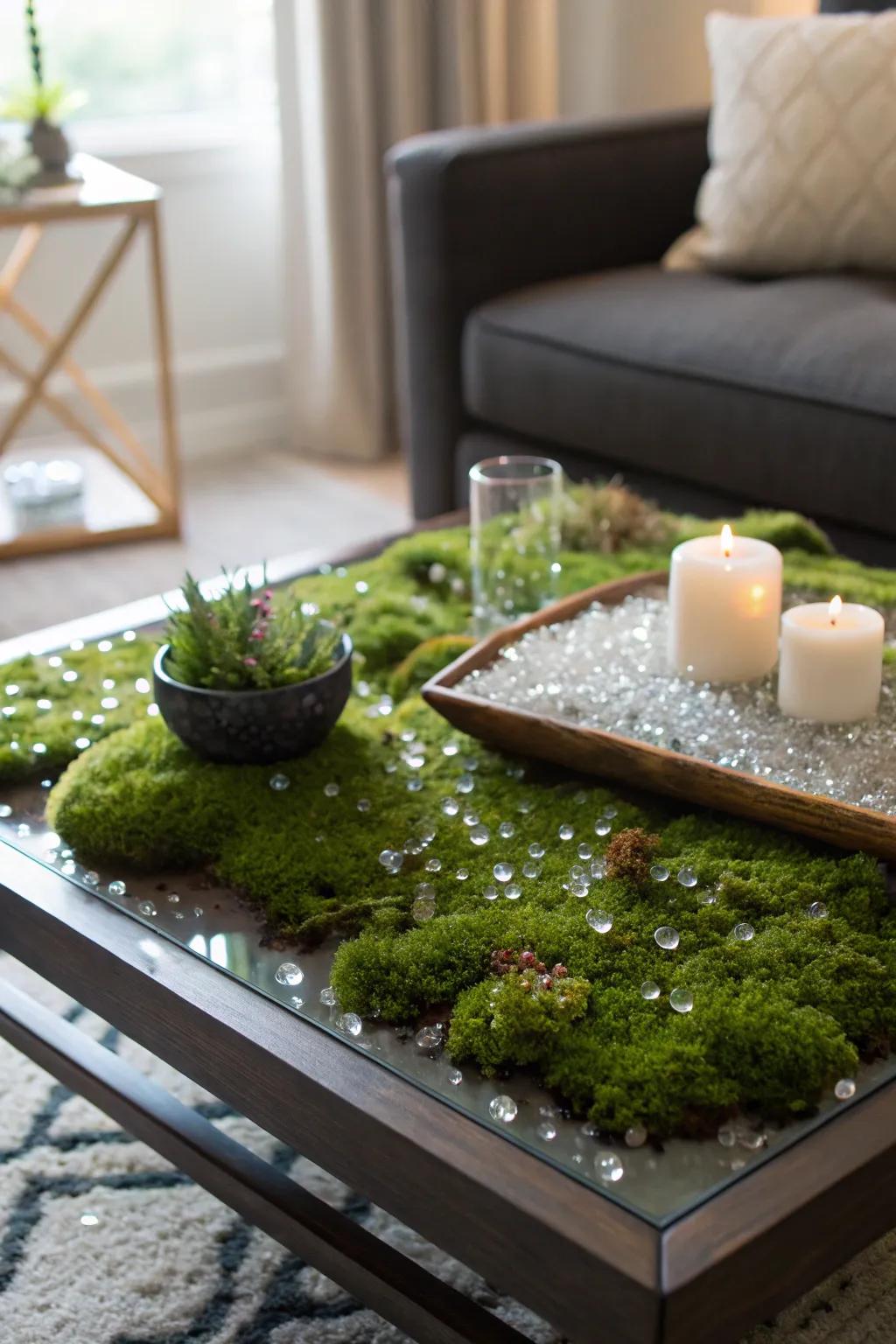 A moss and gemstone display that captivates with its inherent splendor.