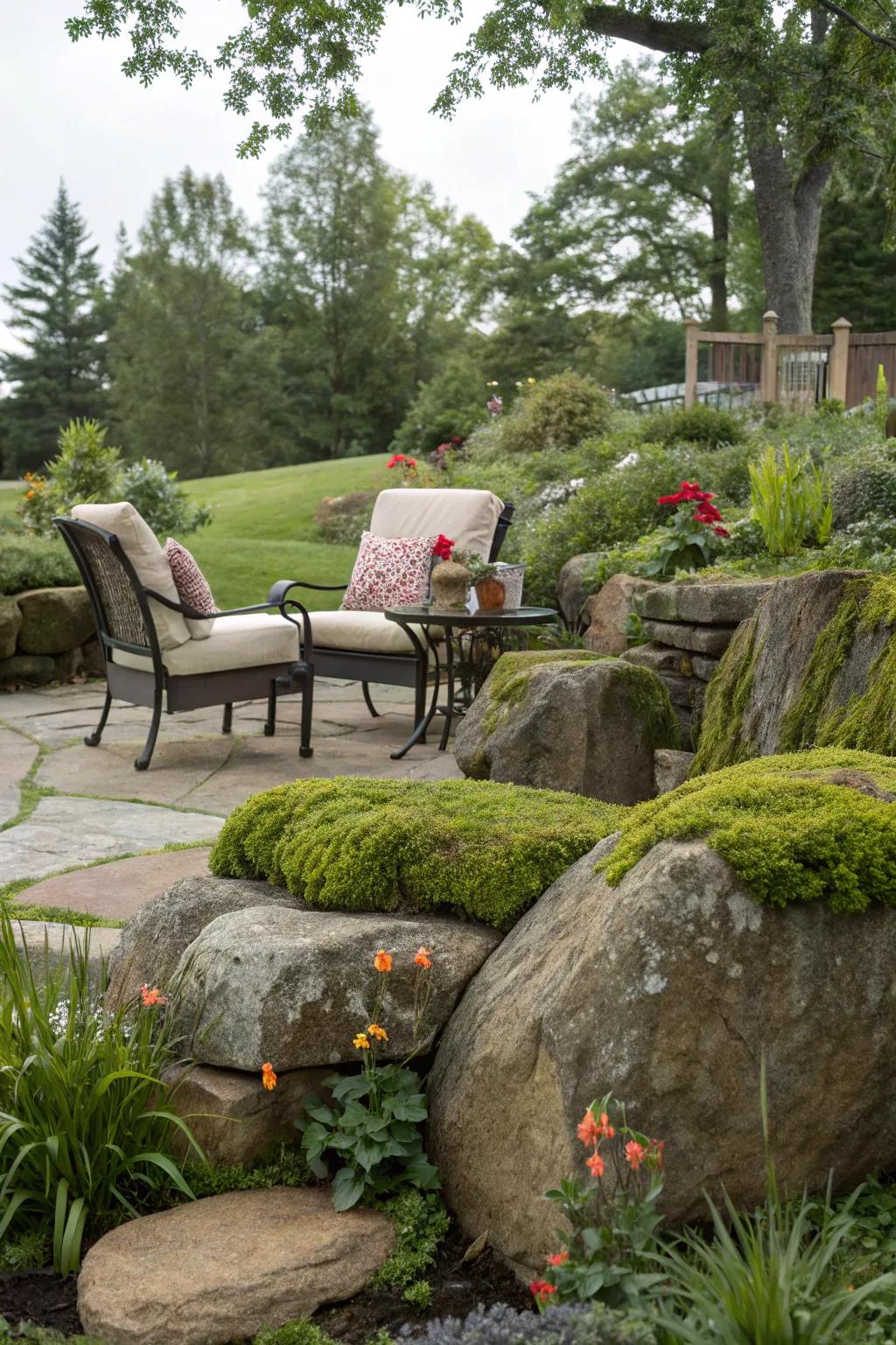 An inviting setting seating spot utilizing moss stones as native seats.