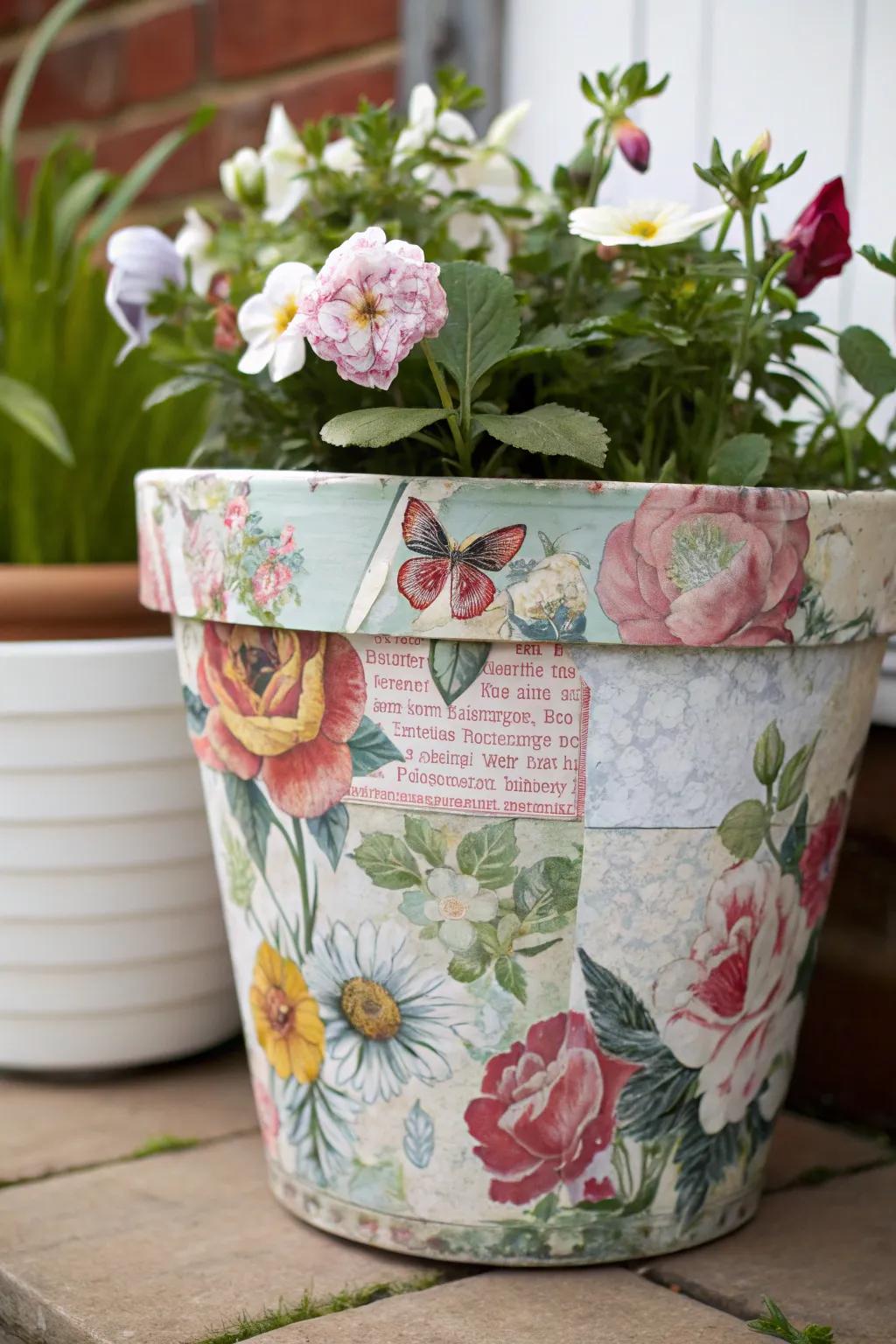 A bloom holder transformed with decoupage art.