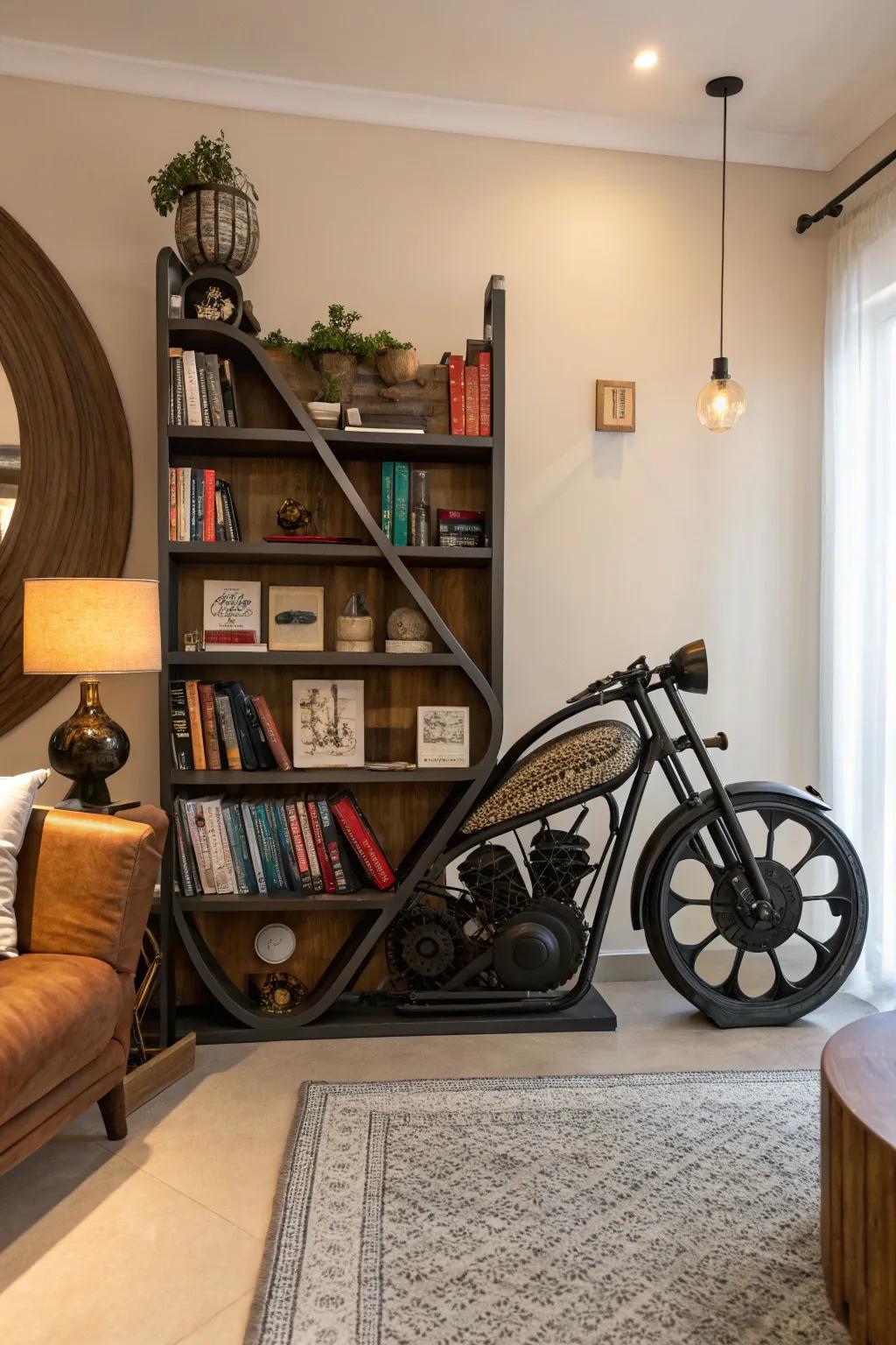 A unique bookshelf inspired by motorbike design.