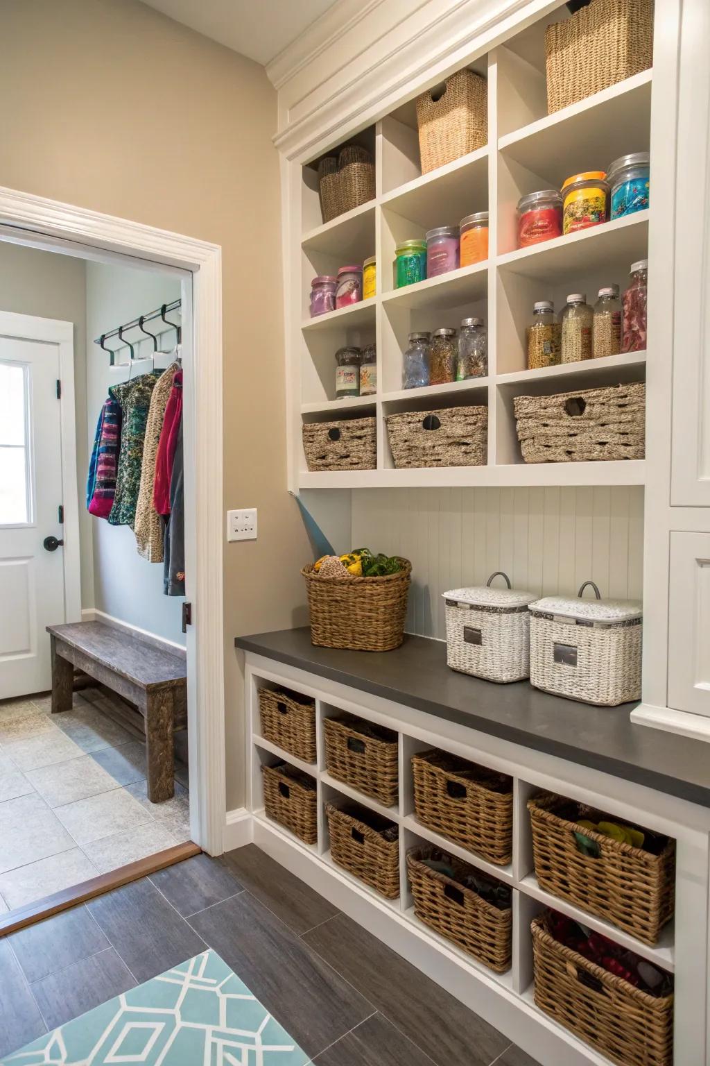 Open shelving promotes visibility and ease of access for everyday essentials.