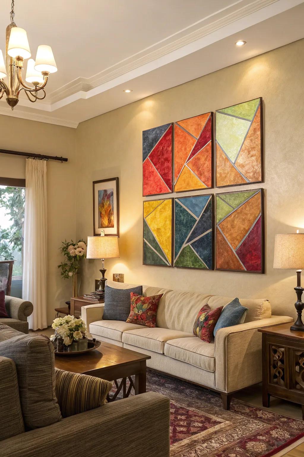 Interlocking abstract designs across multiple canvases, establishing a daring statement within the parlor.