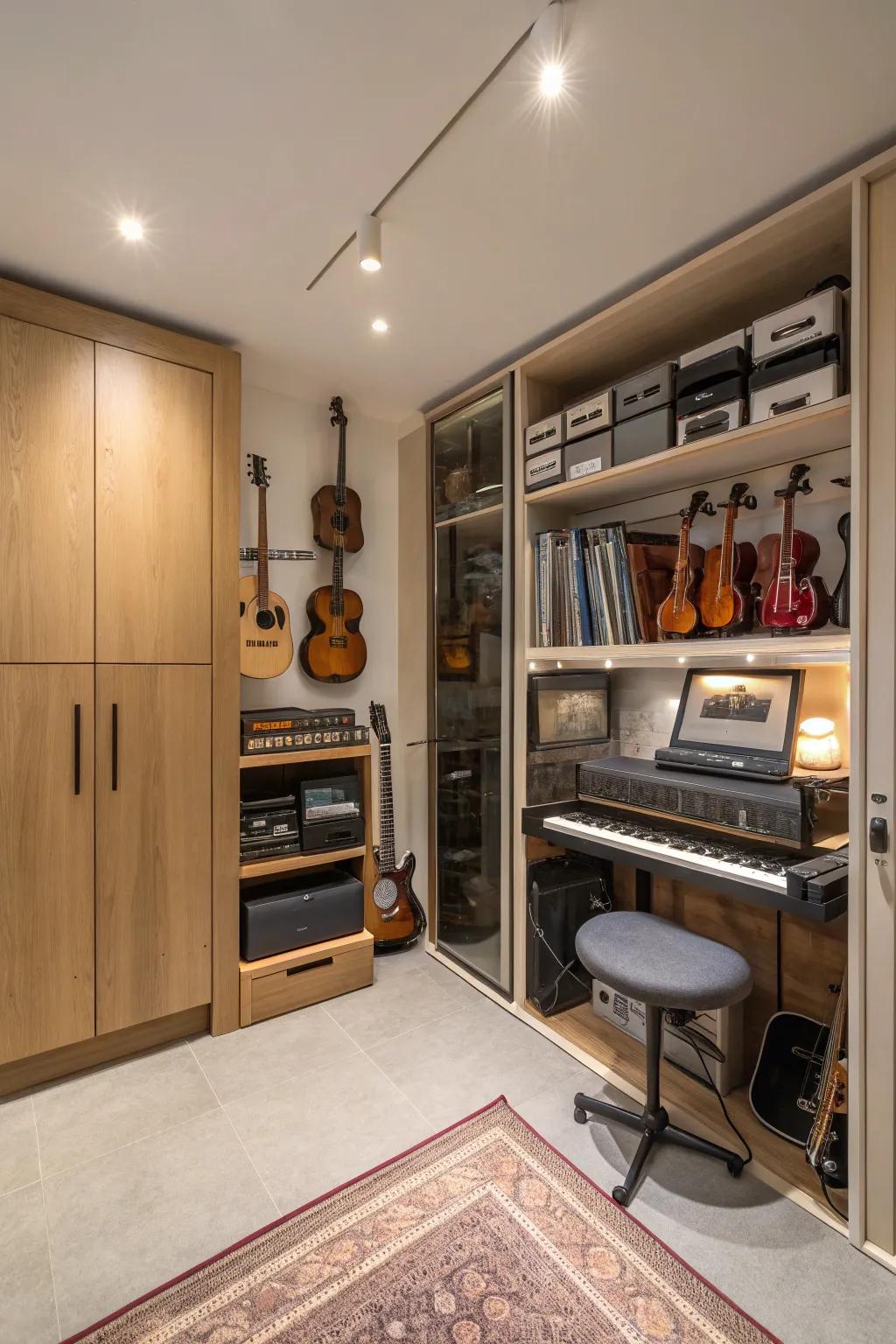 Concealed storage helps keep the area neat and orderly.
