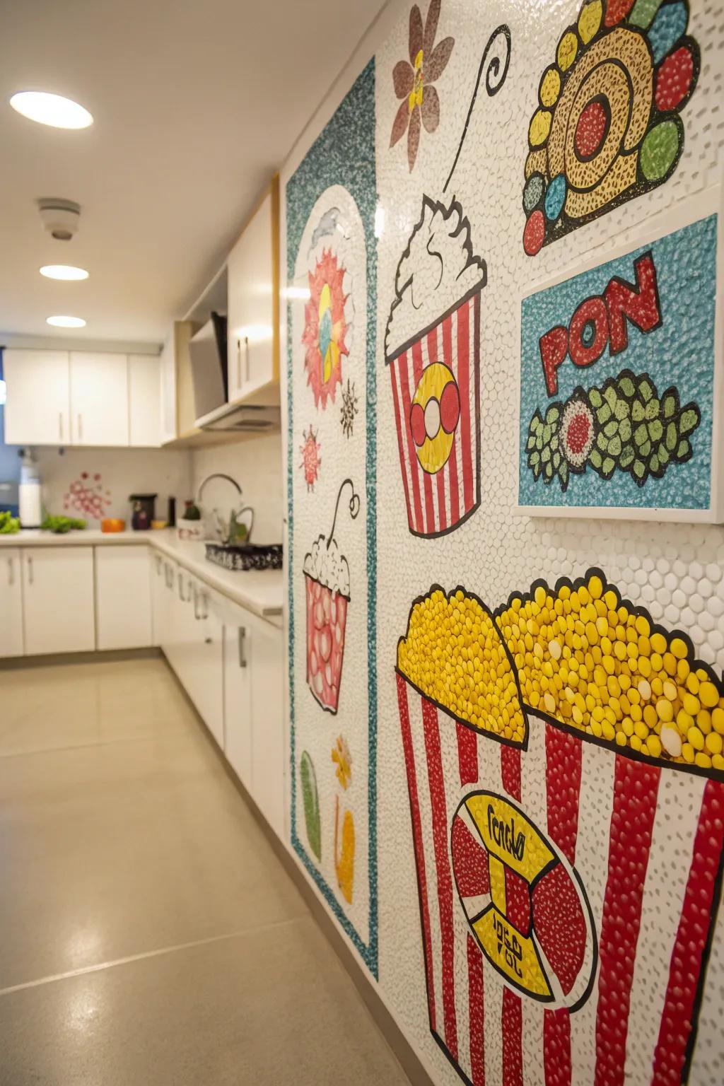 Colorful popcorn art adding a splash of creativity to the kitchen.