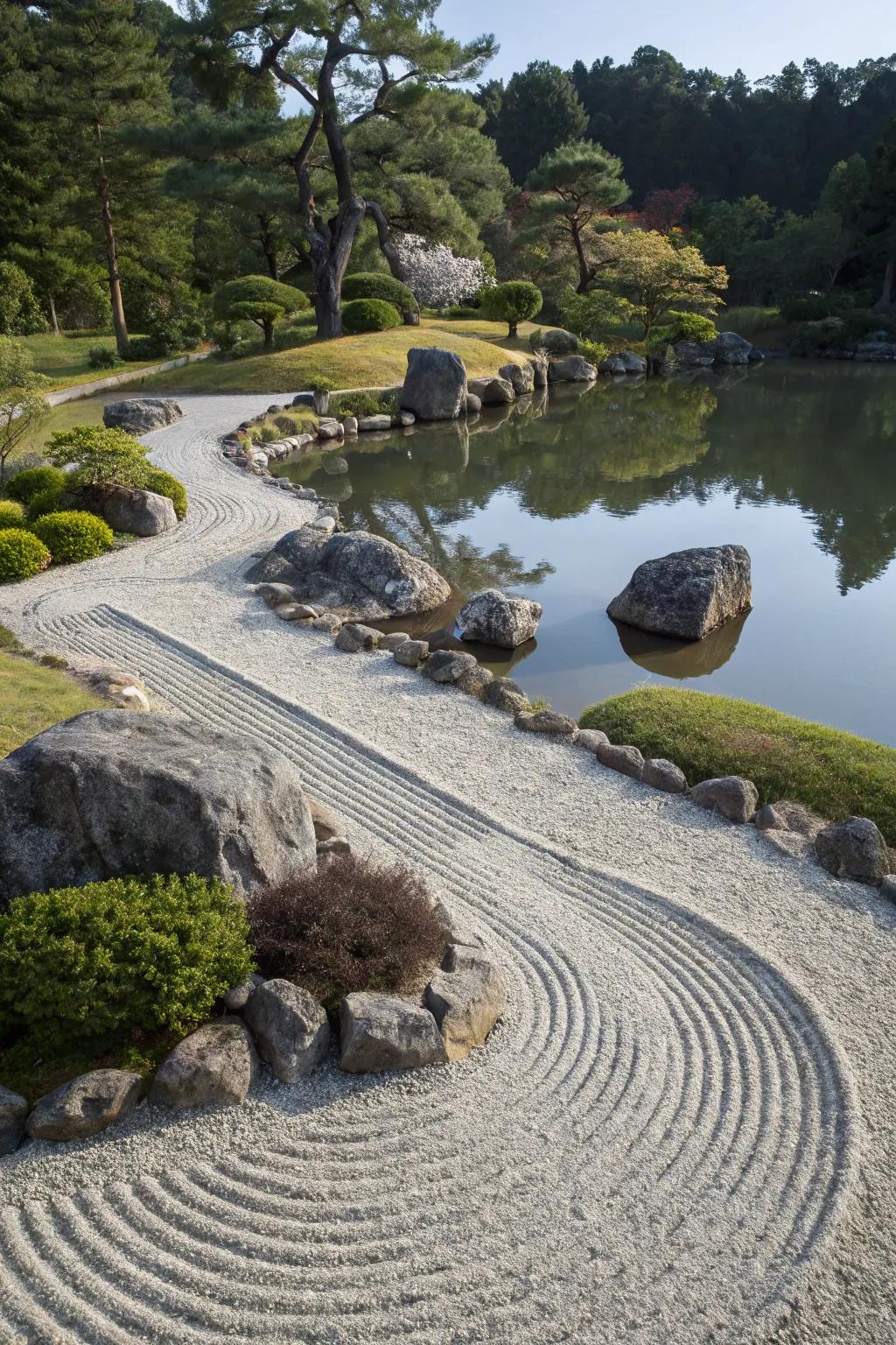 A Zen garden attribute appending serenity to a pond setting.