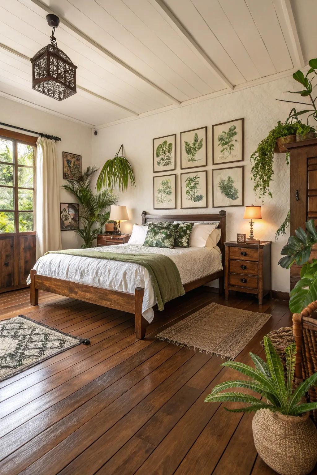 Wooden flooring provides a warm foundation for nature-inspired designs.