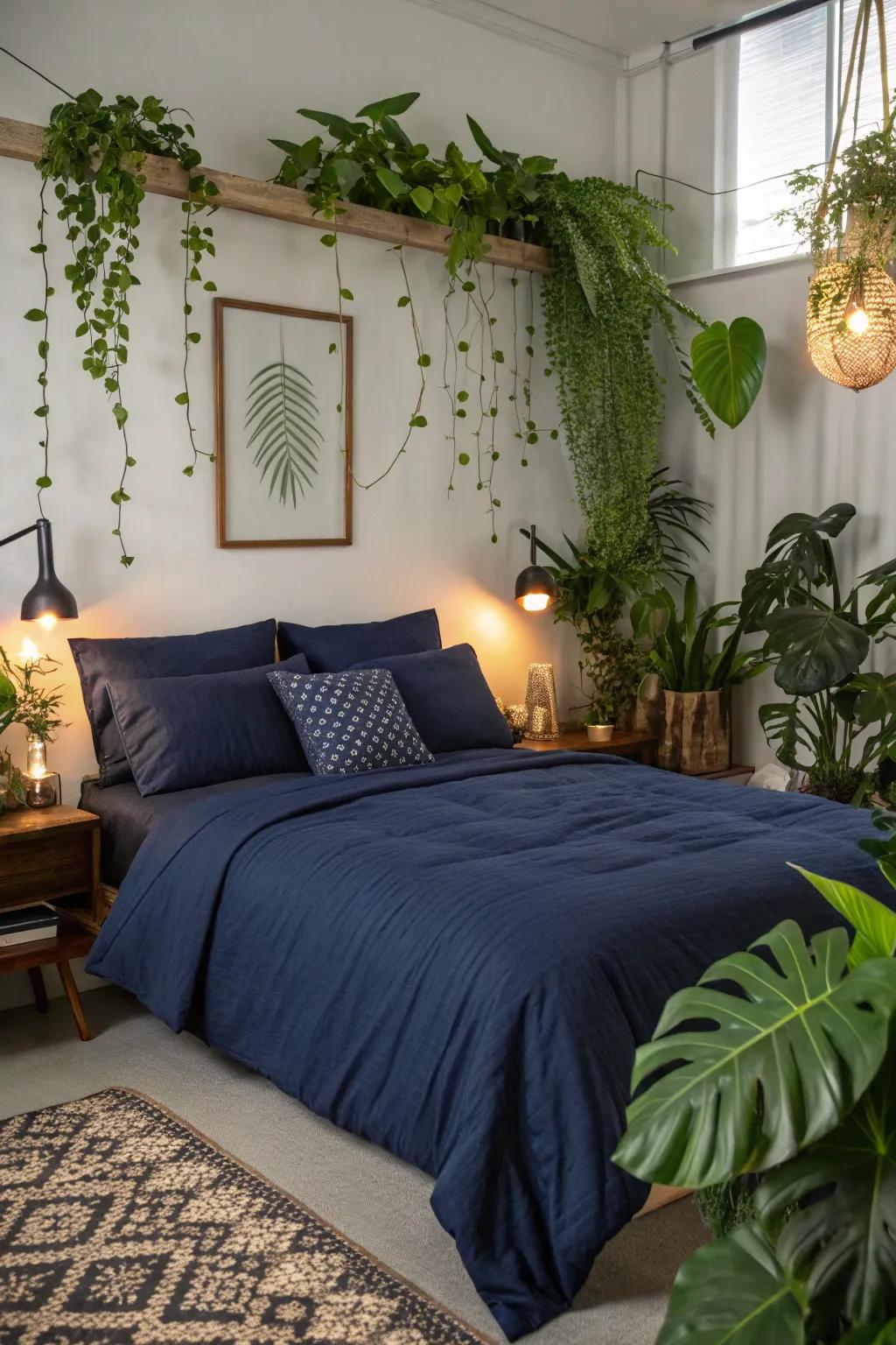 Refresh your space with navy bedding and greenery.
