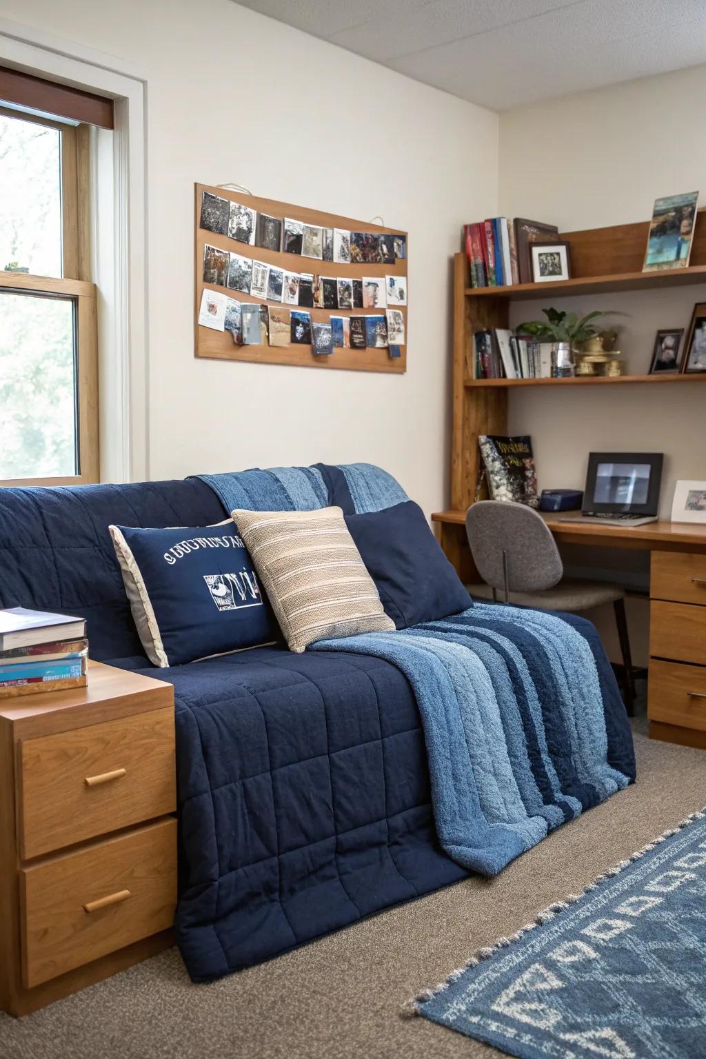 Layer fabrics for an inviting seating area.